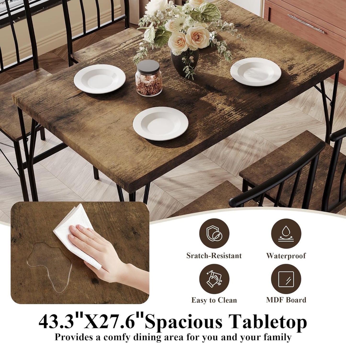 5 Piece Dining Table Set with 1.6" Thick Desktop, Modern Metal&Wood Kitchen Dinner Table with 4 Chairs, Dining Room Table Sets for Small Spaces, Brown