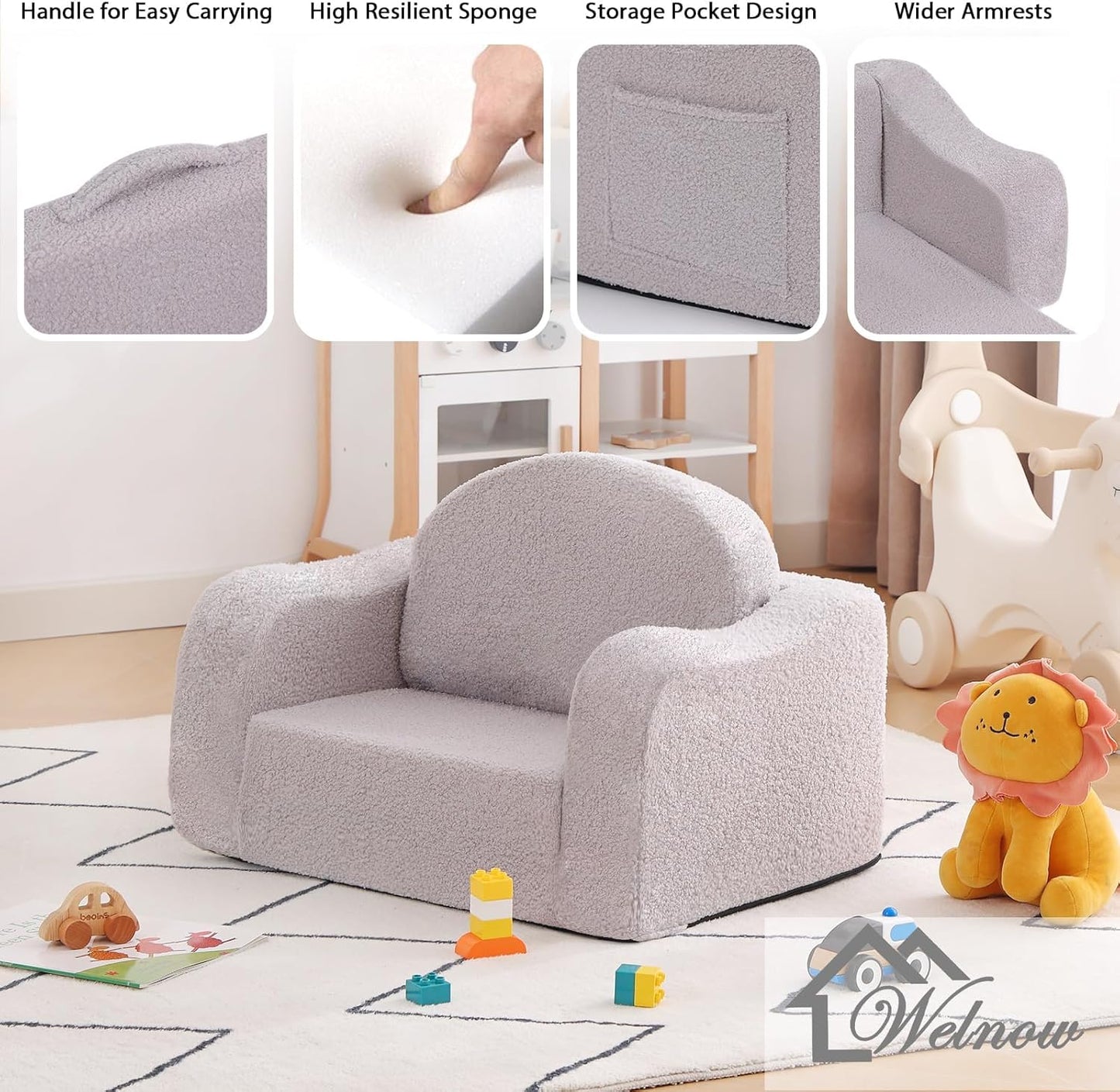 Welnow Kids Sofa, 2-in-1 Soft Sherpa Toddler Chair, Convertible Toddler Couch Lounger, Flip Out Kids Couch Chair with Side Pockets & Removable Cover for Girls and Boys, Grey