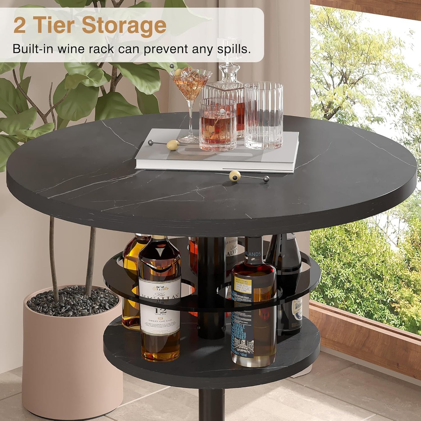 VECELO 36” High Top Bar Table, Sturdy Frame with Metal Base for Cocktail, Pub, Easy Assembly, Marble Black