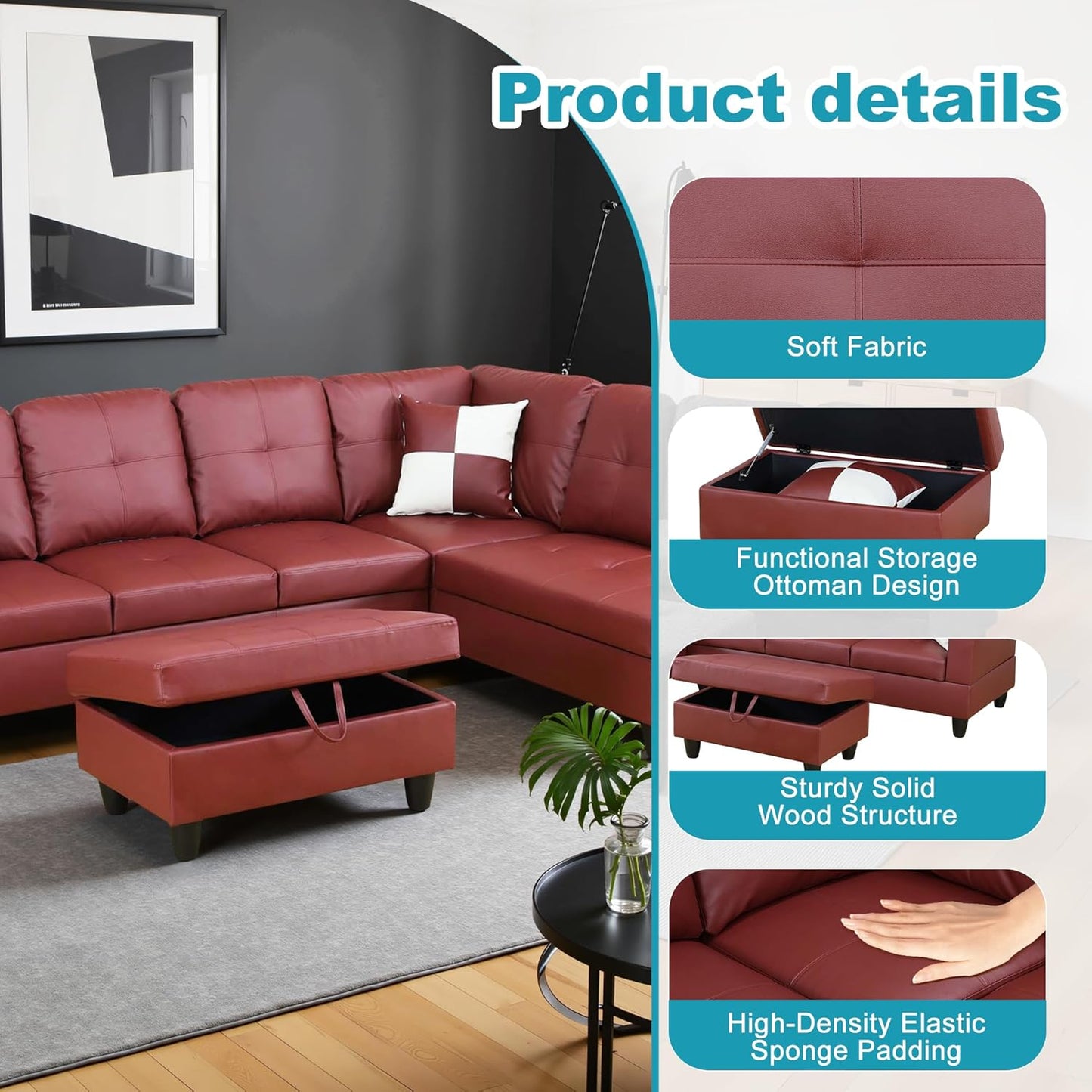 Couches for Living Room Faux Leather L Shaped Couch Comfy 3 Pieces Sectional Sofa with Chaise, Ottoman with Storage for Office and Small Apartment, Dark Red