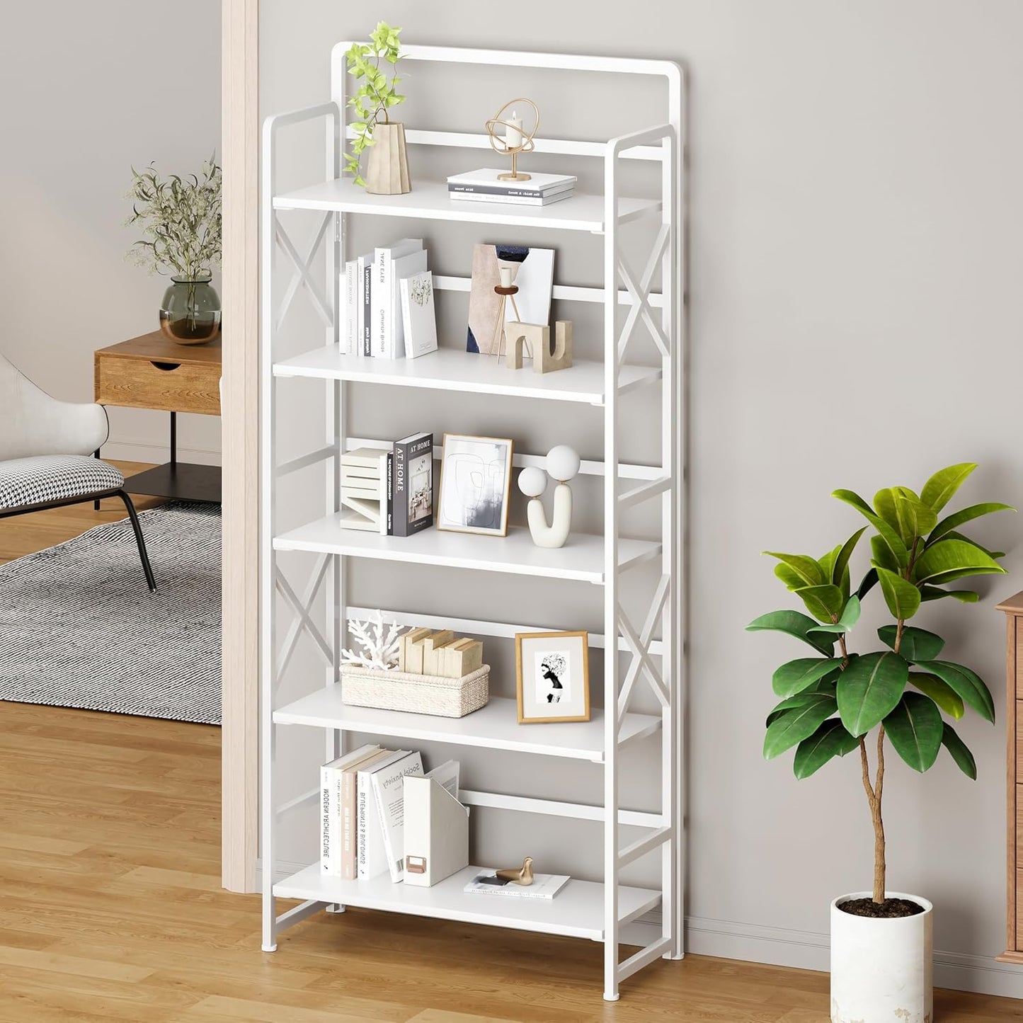 No Assembly Folding Bookshelf, 5 Tiers Vintage Wood Collapsible Book Shelf for Storage,Industrial Metal Foldable Bookcase Organizer for Living Room Bedroom Home Office (White)