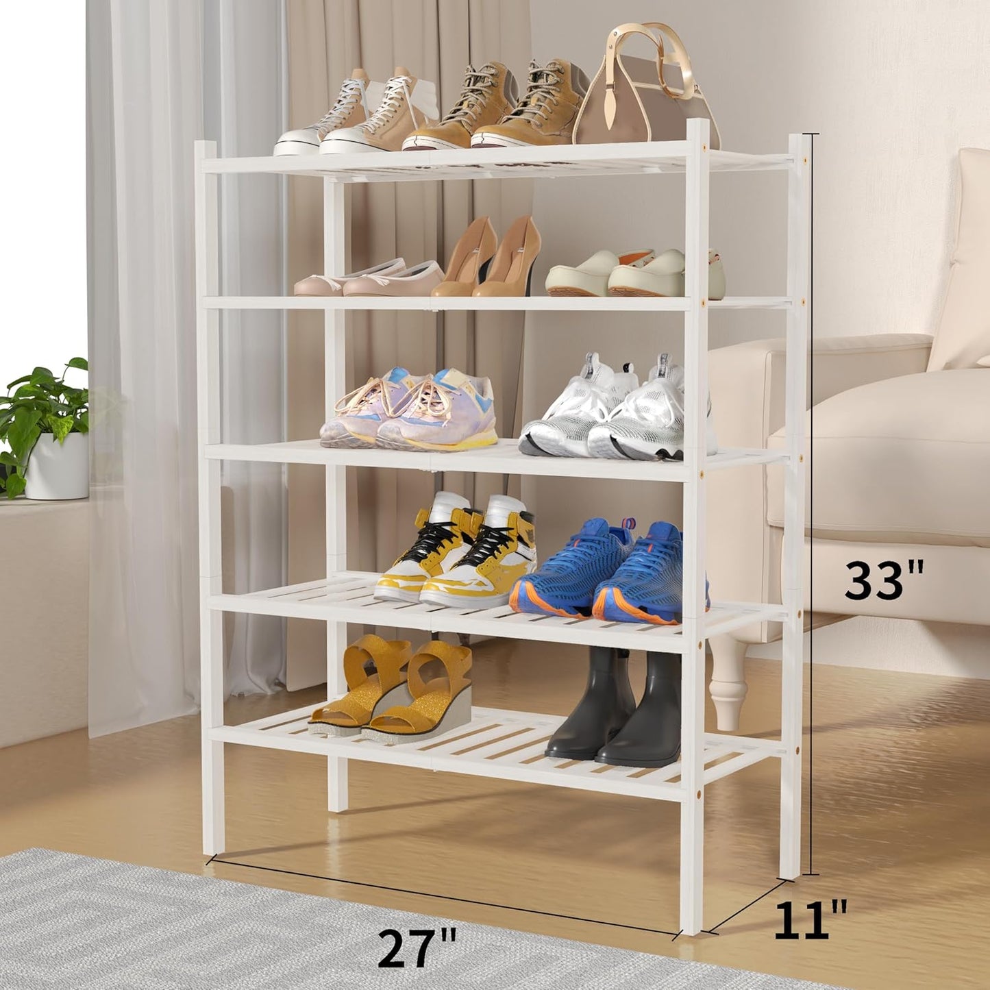 5 Tier Bamboo Shoe Rack for Closet Free Standing Wood Shoe Shelf for Entryway Small Space Stackable 27"x11"x33" (White)