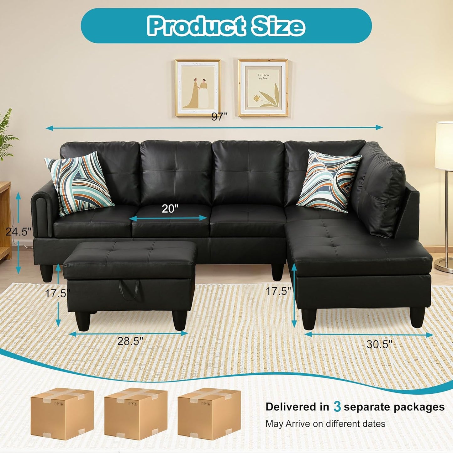 Couches for Living Room Faux Leather L Shaped Couch Comfy 3 Pieces Sectional Sofa with Chaise, Ottoman with Storage for Office and Small Apartment, Classic Black