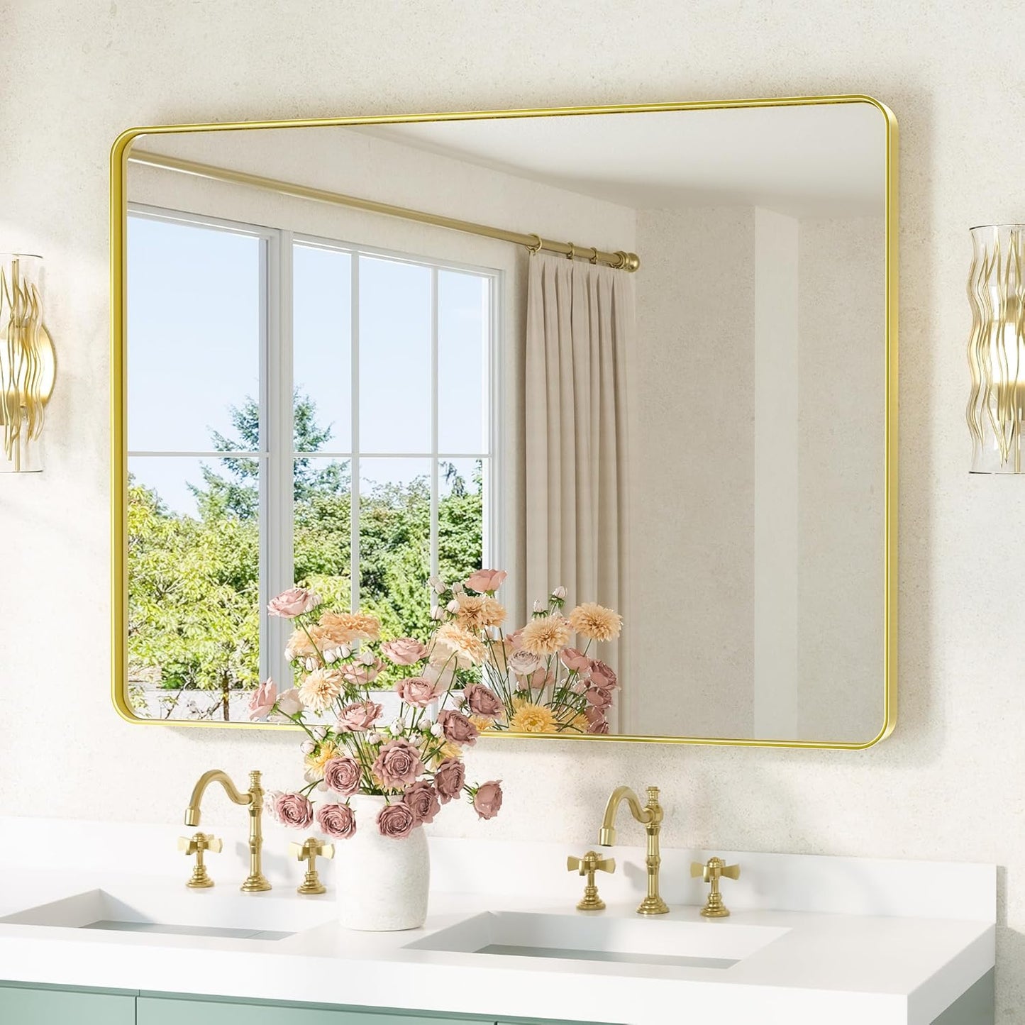 TETOTE Gold Bathroom Mirror 40 x 30 Inch Brushed Gold Metal Framed Vanity Mirror, Tempered Glass, Wall Mounted for Bathroom, Entryway, Bedroom, Living Room(Horizontal/Vertical)