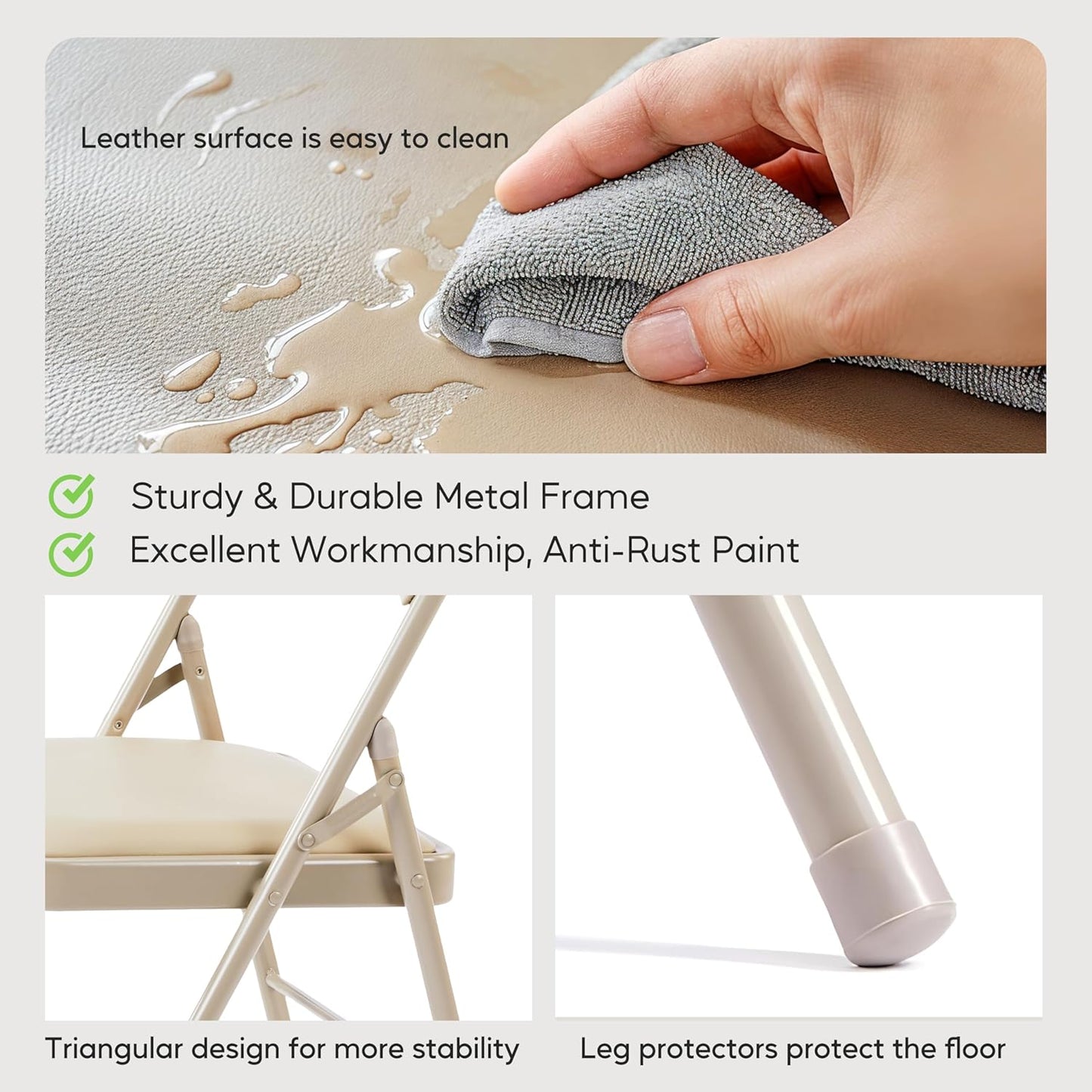 HealSmart 4 Pcs Folding Chairs with Leather Padded Cushion Seats, Back & Sturdy Metal Frame, Stackable, Portable, Commercial Event Seat, Indoor Outdoor for Parties, Home Event, Office, Tan