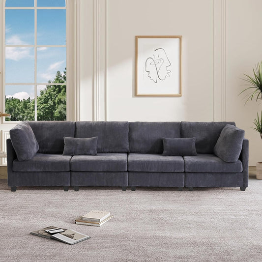 126" Convertible L-Shaped Modular Sectional Sofa, 4 Seater Corduroy Upholstered Corner Sofa Couch with Extra Wide Deep Seat, DIY Combination Lounger Sofa with Solid Wood Legs for Living Room Office