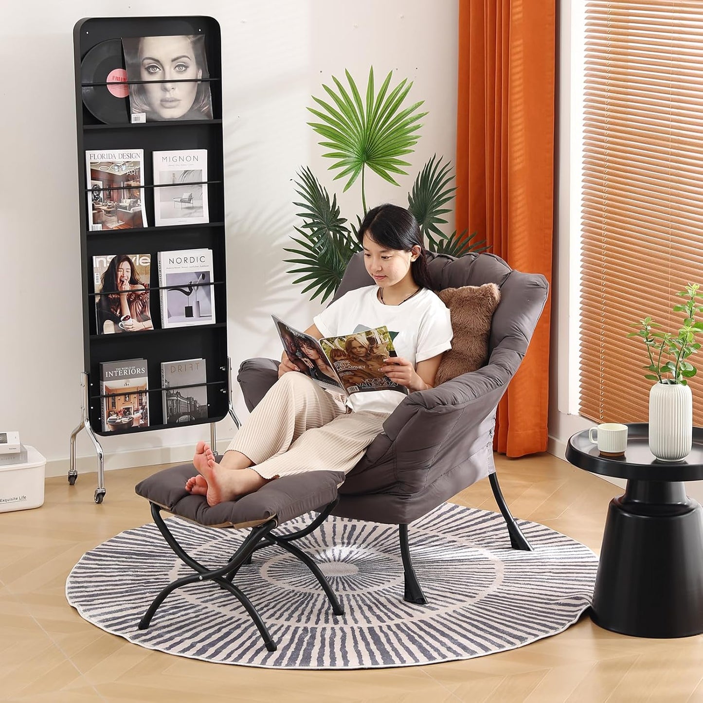 Large Lazy Chair with Ottoman, Accent Reading Chair with a Throw Pillow, Cozy Lounge Chair with Armrest, Leisure Sofa Chair for Living Room, Bedroom, Dorm, Shadow Grey