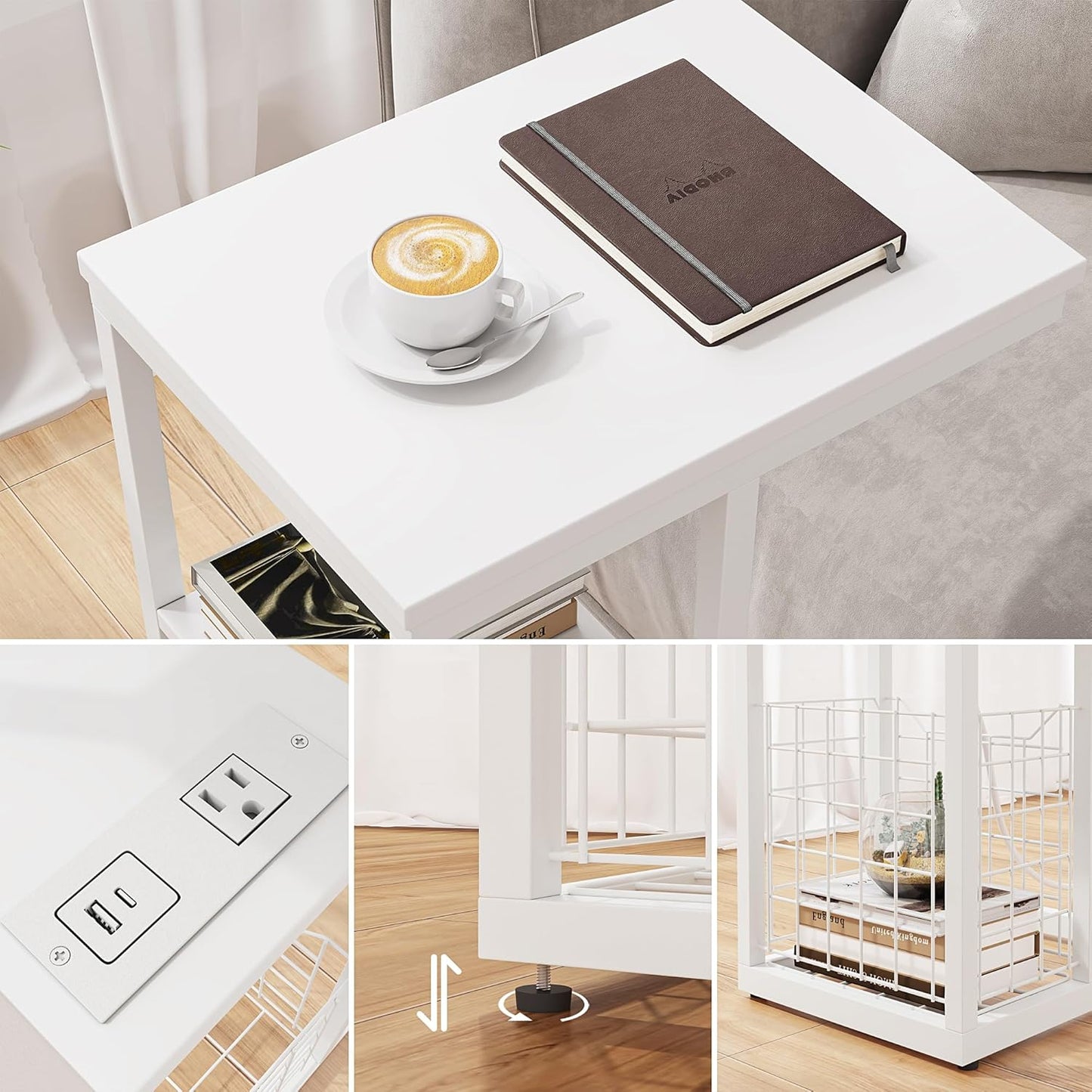 Vagusicc C Shaped End Table with Charging Station, Side Table for Couch, Small Side End Table for Small Spaces, 28" High Slide Under Sofa Table for Coffee, Tv Tray Table for Living Room, White