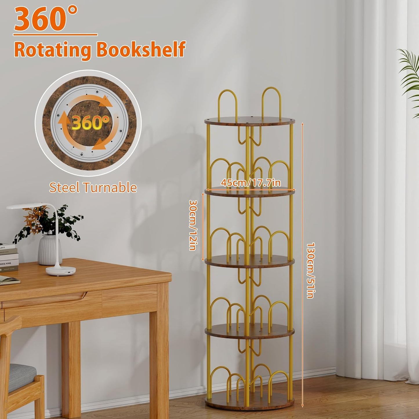 4 Tier Rotating Bookshelf, 360° Spinning Bookshelf Tower, Round Narrow Space Saving for Books and Display, Revolving Bookcase Corner Tall Book Shelf for Small Spaces, Bedroom, Living Room, Gold