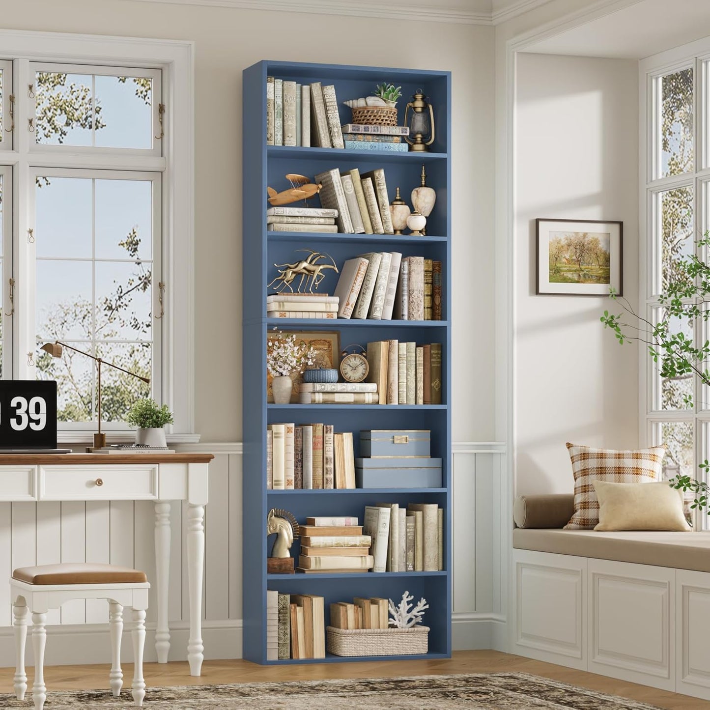 82" Tall Bookshelf, 7-Tier Open Shelves Bookcase, Freestanding Display Storage Shelves, Tall Bookcase Home Decor Furniture for Home Office, Living Room, Bedroom, Blue