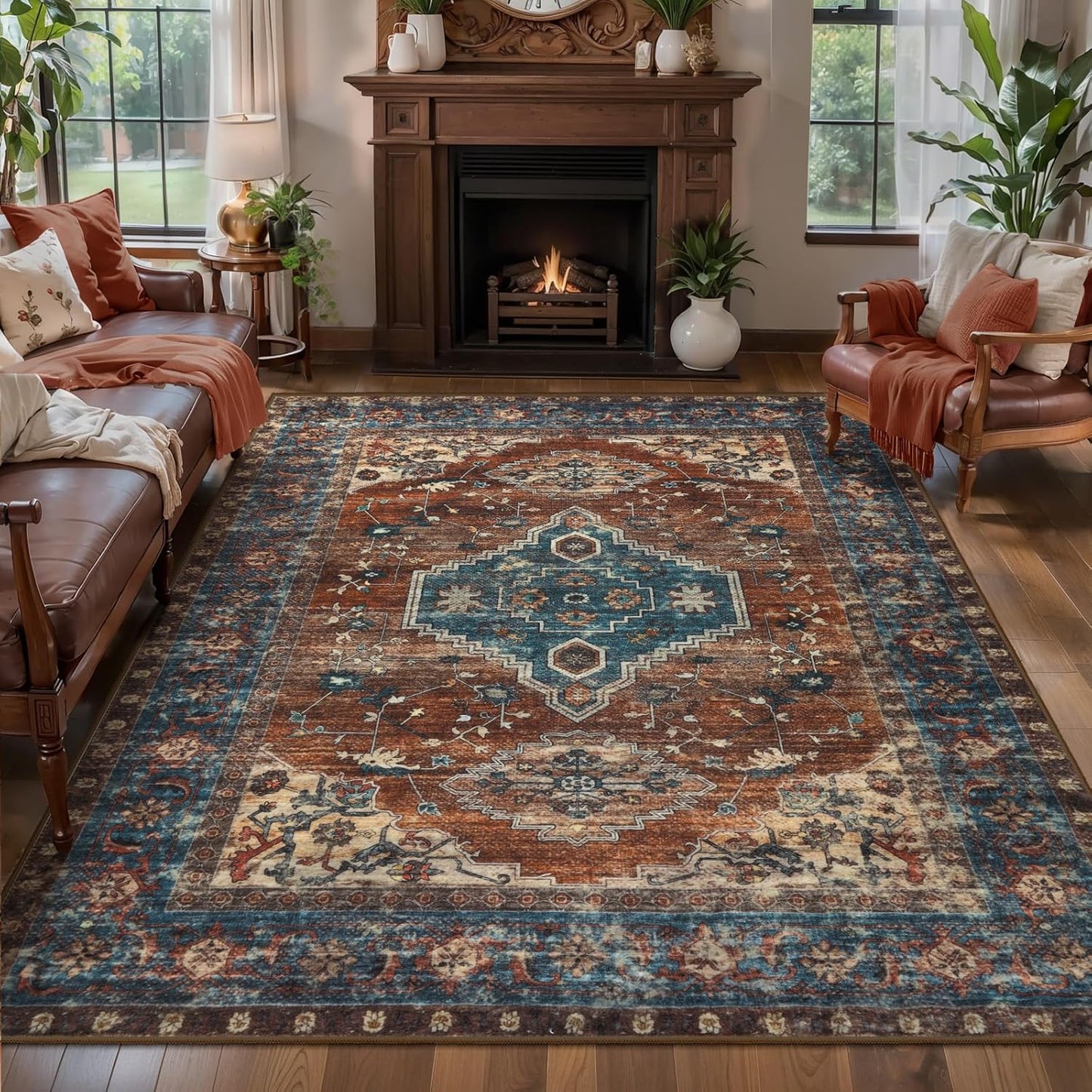 Tangsoo 5x7 Area Rug Washable Rug for Living Room, Vintage Indoor Non Slip Large Area Rugs, Print Distressed Rust Carpet, Soft Low Pile Foldable Floor Rug for Bedroom Dining Room Dorm