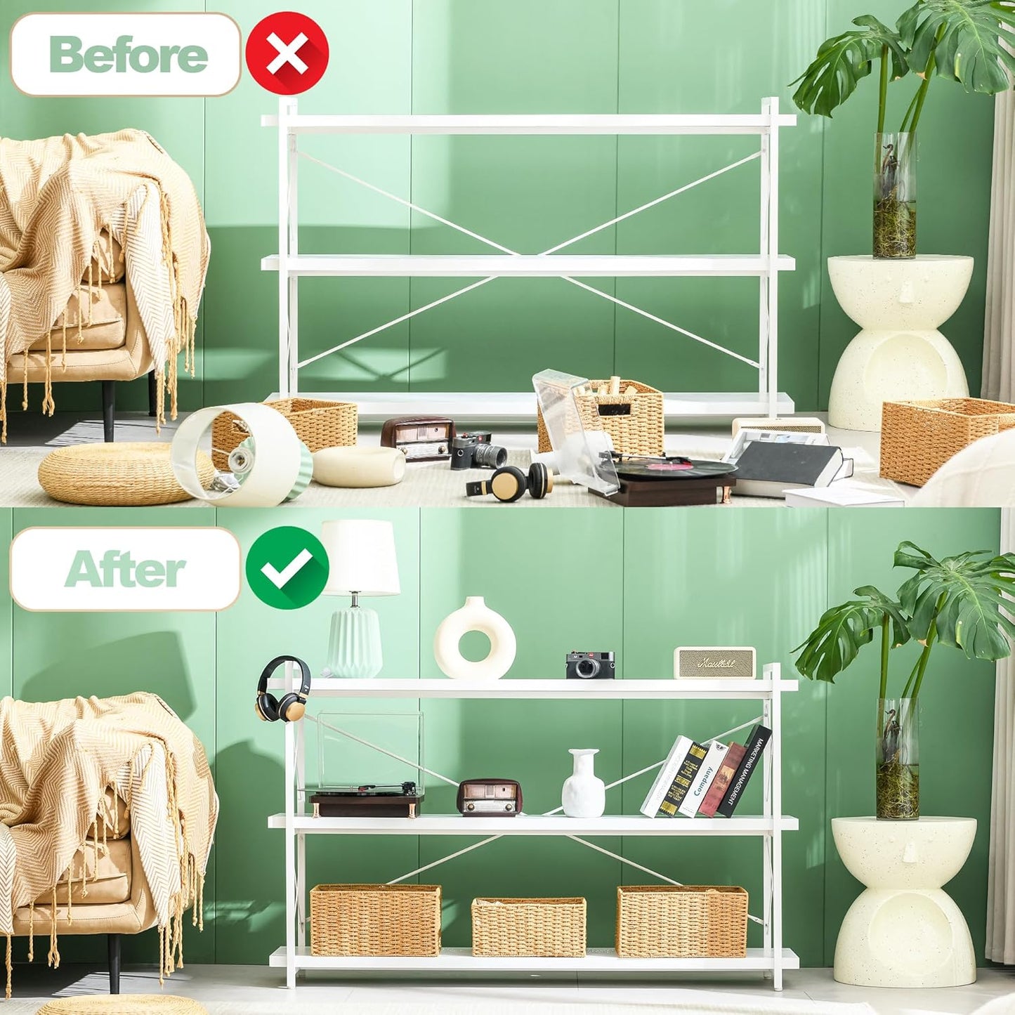 HCHQHS Bookshelf, 3-Tier Long Industrial Bookcase, White Open Book Shelf, Freestanding Horizontal Bookshelves with Metal Frame