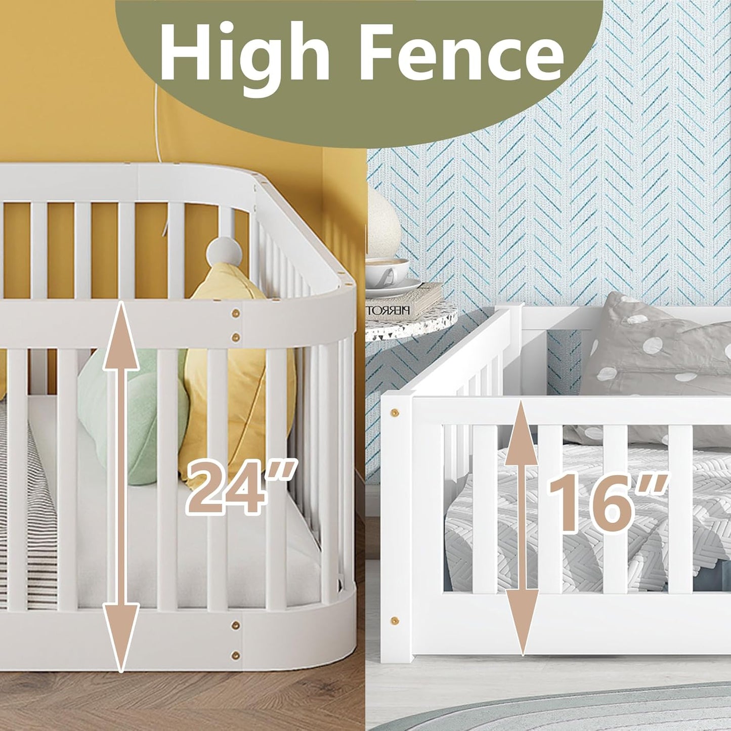 Full Floor Bed with High Fence and Rounded Corner Design, Montessori Floor Bed Frame with Guardrail and Entrance, Easy Assemble Montessori Bedd Full Size, White