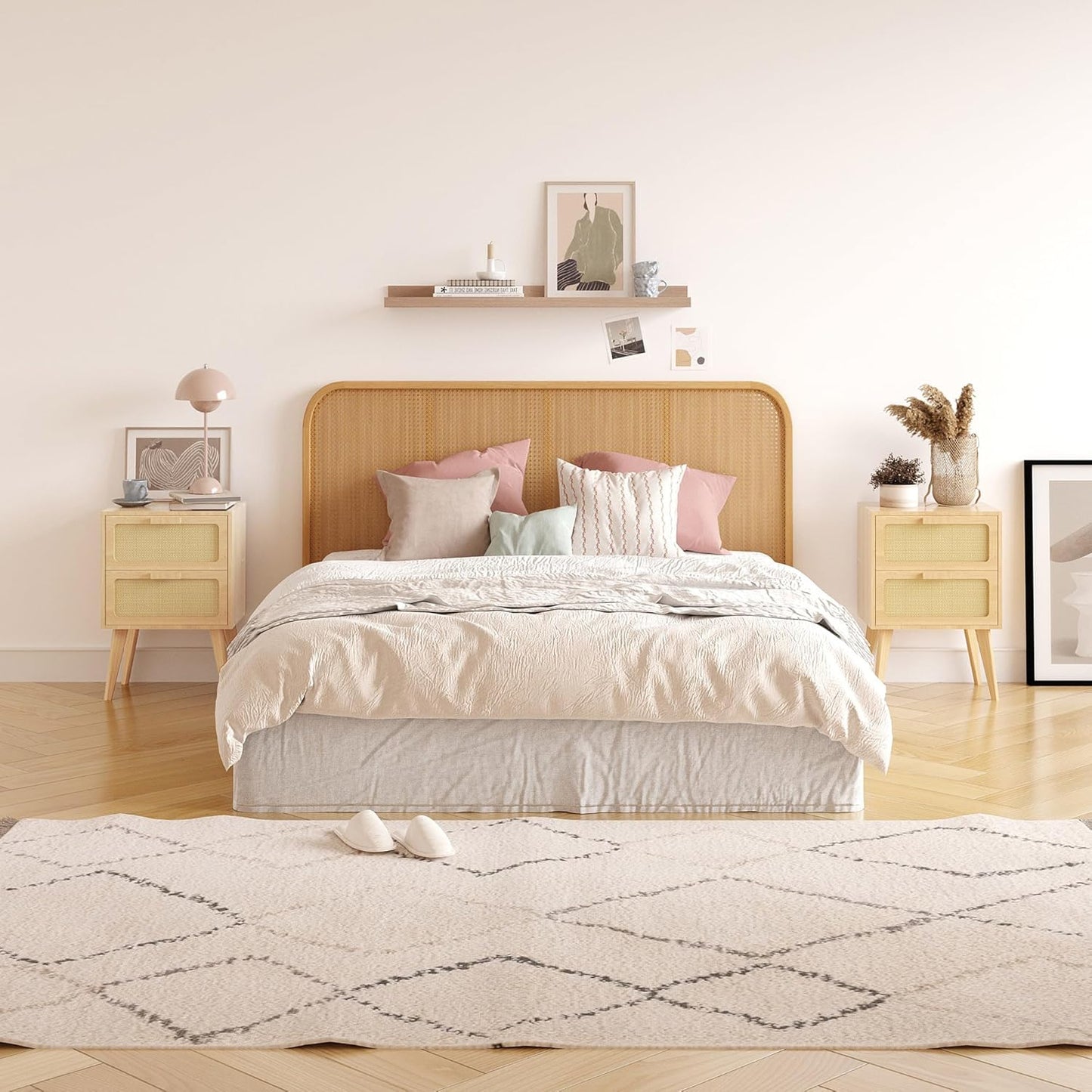 Rattan Nightstand,Boho Bedside with Storage,End Table,Side Table with 2 Hand Made Rattan Decorated Drawers for Small Space,Livingroom,Bedroom,Natural 11.8" D x 16" W x 22.4" H CTG59Y