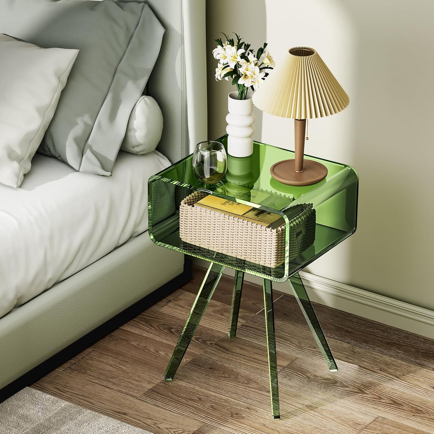 Acrylic Side Table, Acrylic Nightstand Bedside Table for Bedroom (Green, 16.5'' x 11.8'' x 21.6'')