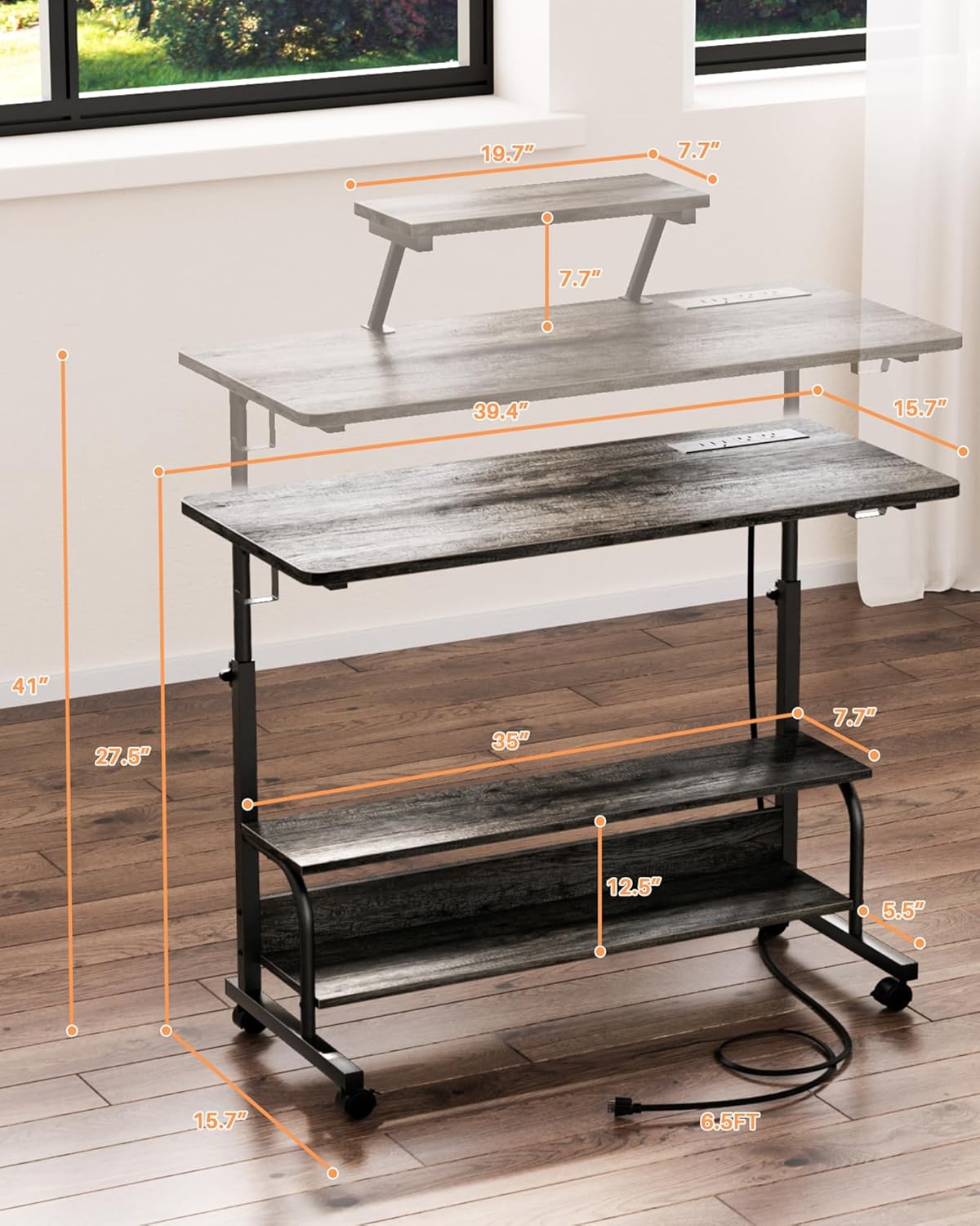 Height Adjustable Standing Desk with Power Outlets and LED Lights - 39" Manual Stand Up Desk with Monitor Stand and Storage Shelves Small Mobile Rolling Computer Desk Portable Laptop Table, Grey Oak