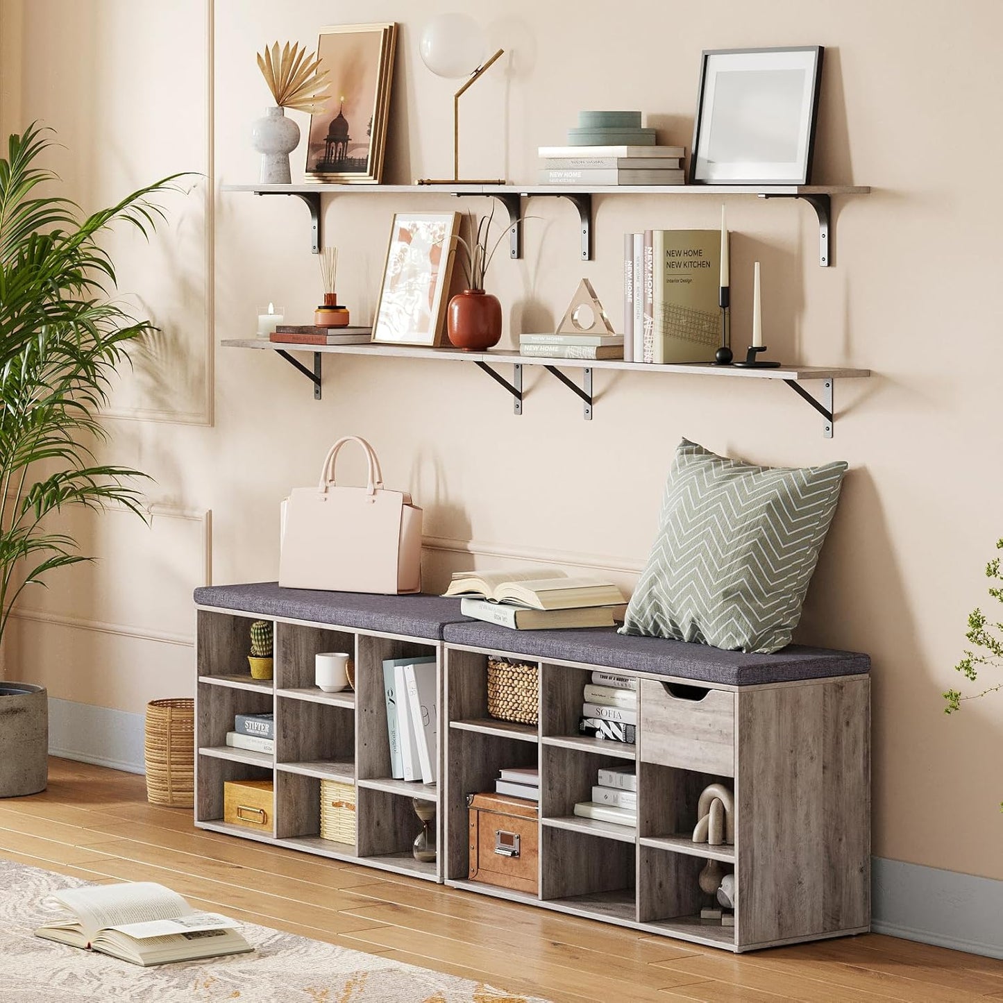 DINZI LVJ Shoe Bench,Entryway Storage Bench with Drawer and 8 Cubbies,Cubby Rack Adjustable Shelves,Shoe Organizer Cabinet for Living Room,Bedroom,Mudroom,Closet Garage,Greige