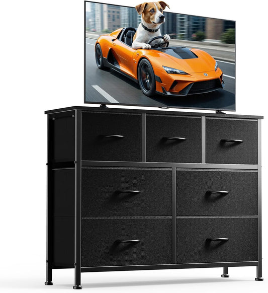 DUMOS Dresser for Bedroom, Chest of Drawers, Closet Storage with 7 Drawers, Cloth Dresser Clothes Organizers Tower with Fabric Bins, Metal Frame, Wood Tabletop for Nursery, Guest Room, Living Room