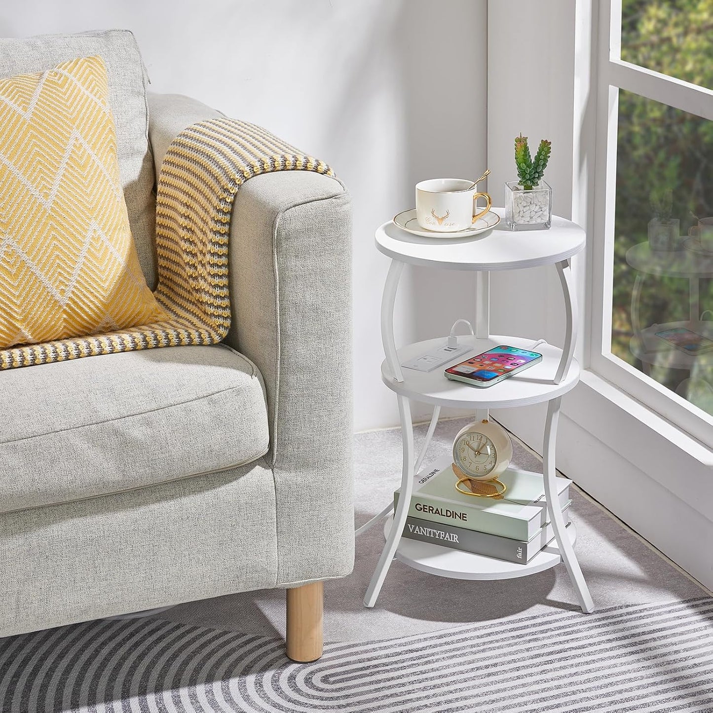 Small Round Side Table with Charging Station, 3-Tier Waist Circular End Table with Storage Shelf, Compact Tea Sofa Side Table Small Spaces, Round Corner Coffee Table for Living Room Bedroon,White