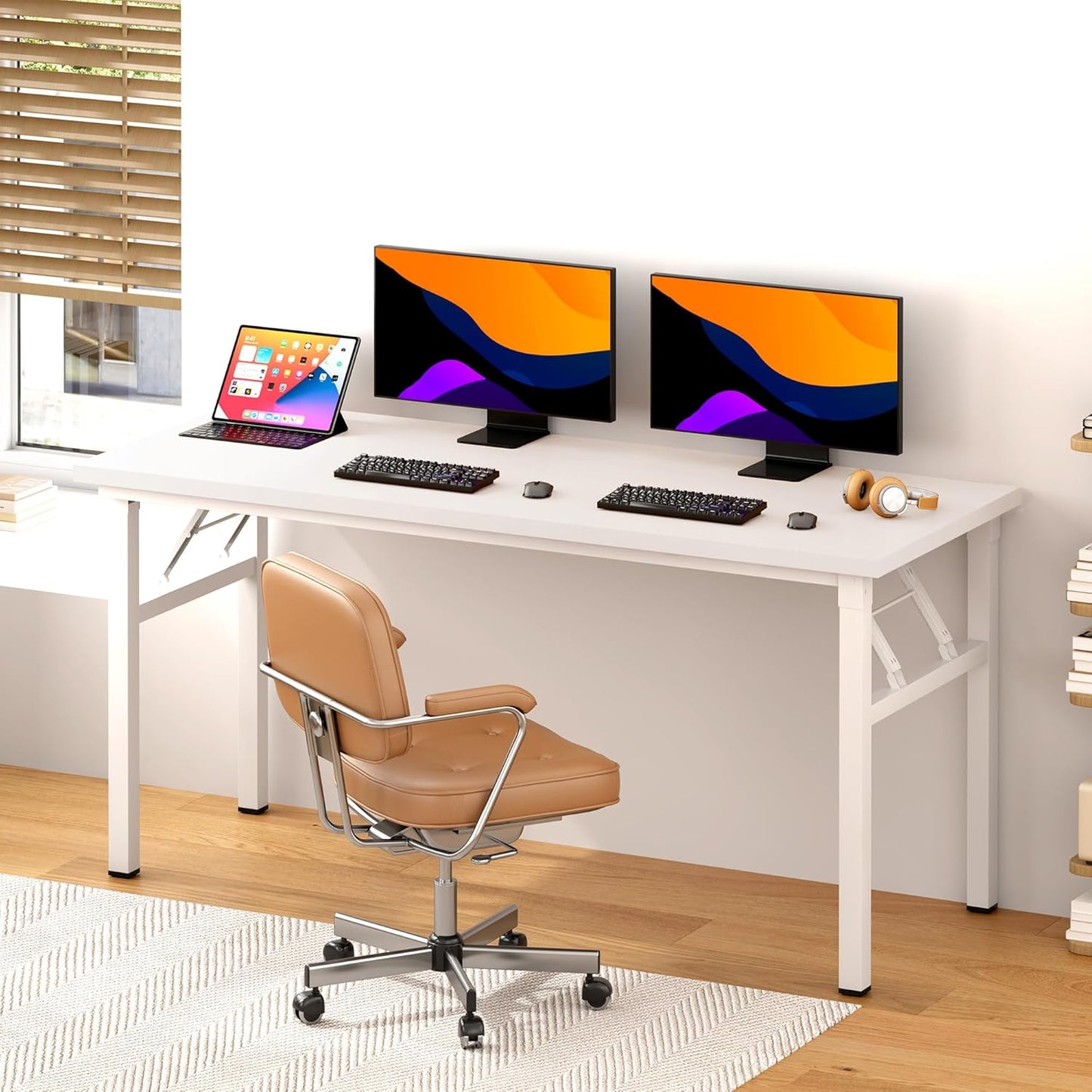 DlandHome Computer Desk 62 inches Office Desk Computer Table Study Writing Desk Workstation for Home Office Metal Frame No Install Needed White and White