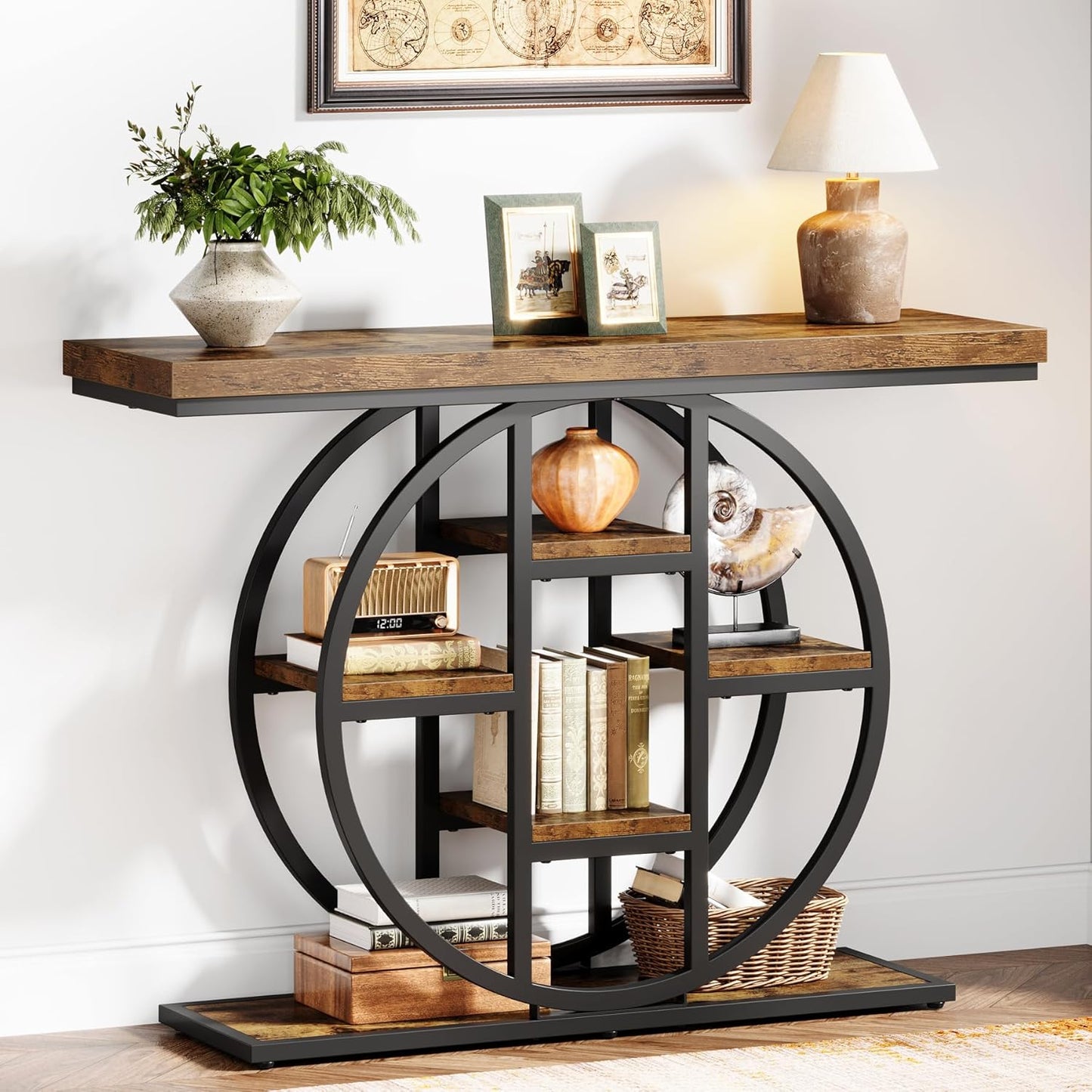 41" Console Table for Entryway, 4-Tier Industrial Narrow Wood Sofa Accent Tables with Circle Storage Shelves for Living Room, Hallway, Foyer (Rustic Brown)