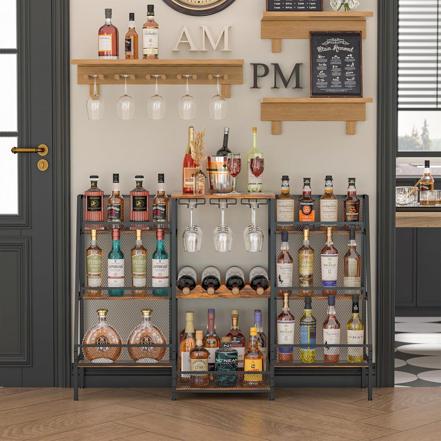 Versatile Bar Stand with Glass Holder, Wine Rack Freestanding Floor, Liquor Cabinet for Liquor Whiskey Wine, 6-Tier Stepped Bar Cabinet with Fences, Vintage Brown（Patent Pending）