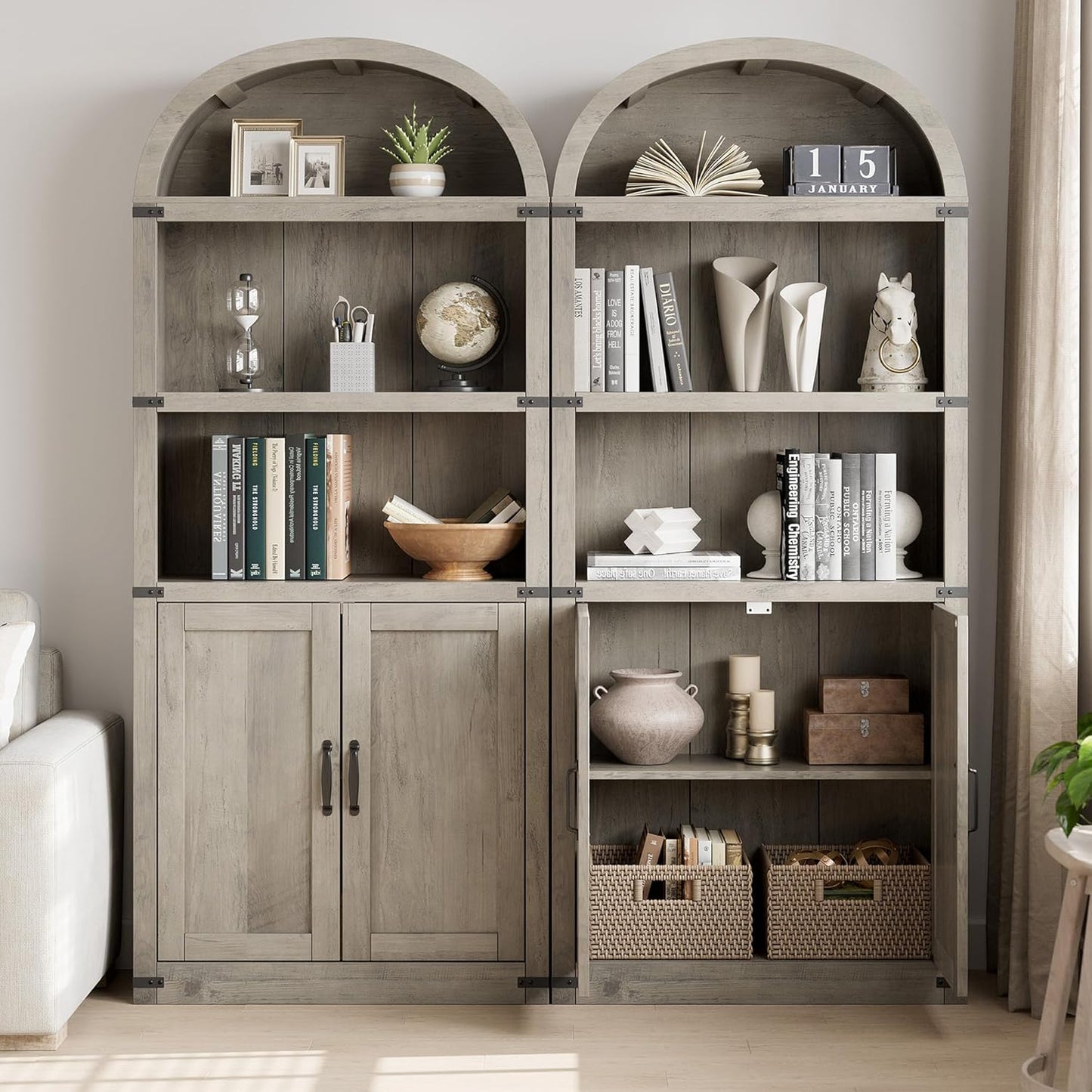 Garveehome Bookcase with Doors Arched Bookshelf 71.65in Tall Bookcase Farmhouse Cabinet with Shelves Wooden Bookshelves for Home Office, Living Room