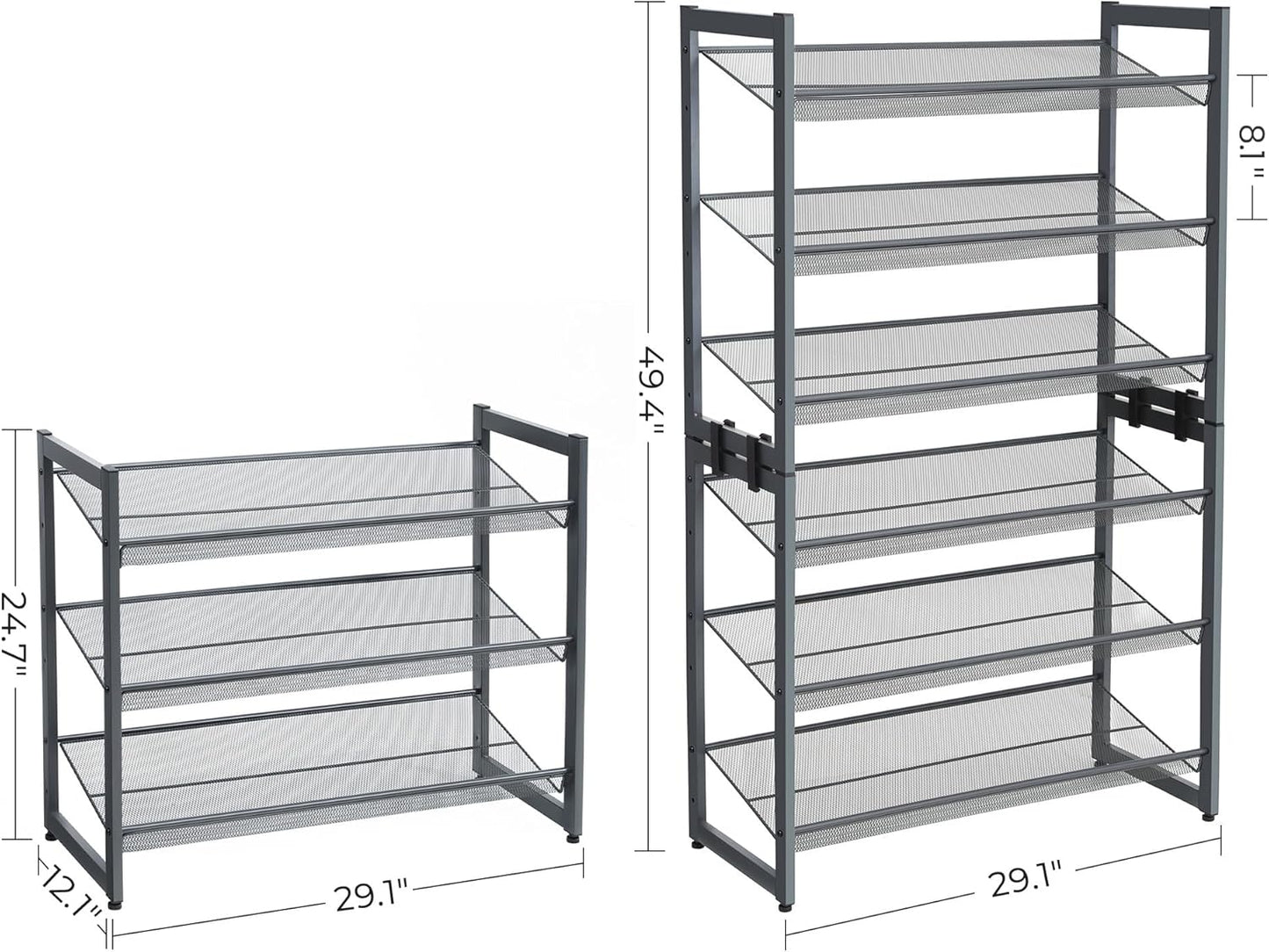 SONGMICS Shoe Rack, 6-Tier Shoe Organizer, Metal Rack for Garage, Set of 2, 3-Tier Stackable Shelf, with Adjustable Flat or Angled Shelves, 18-24 Pairs, Charcoal Gray ULMR003G02