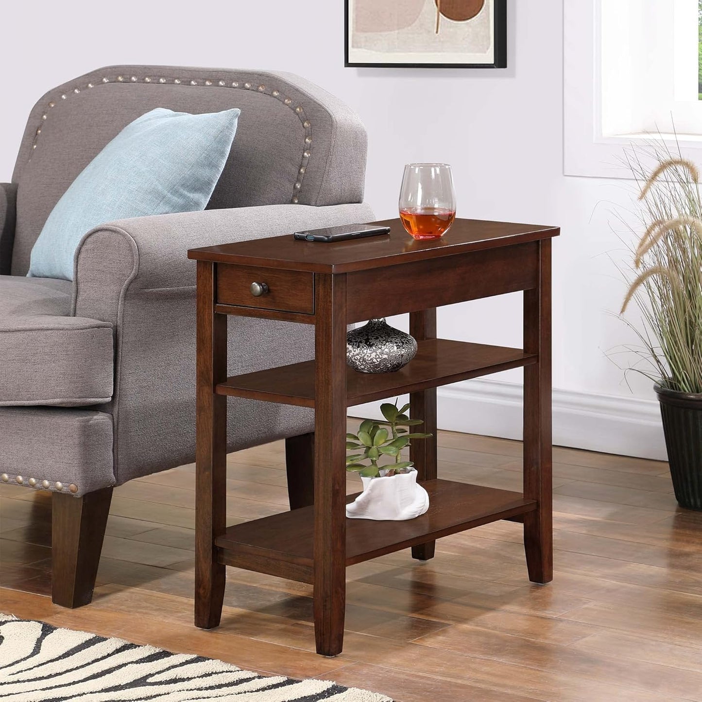 Convenience Concepts American Heritage Chairside End Table with Drawer 23.5" - Classic Living Room Table with Storage Shelf, Bedroom Nightstand, Espresso