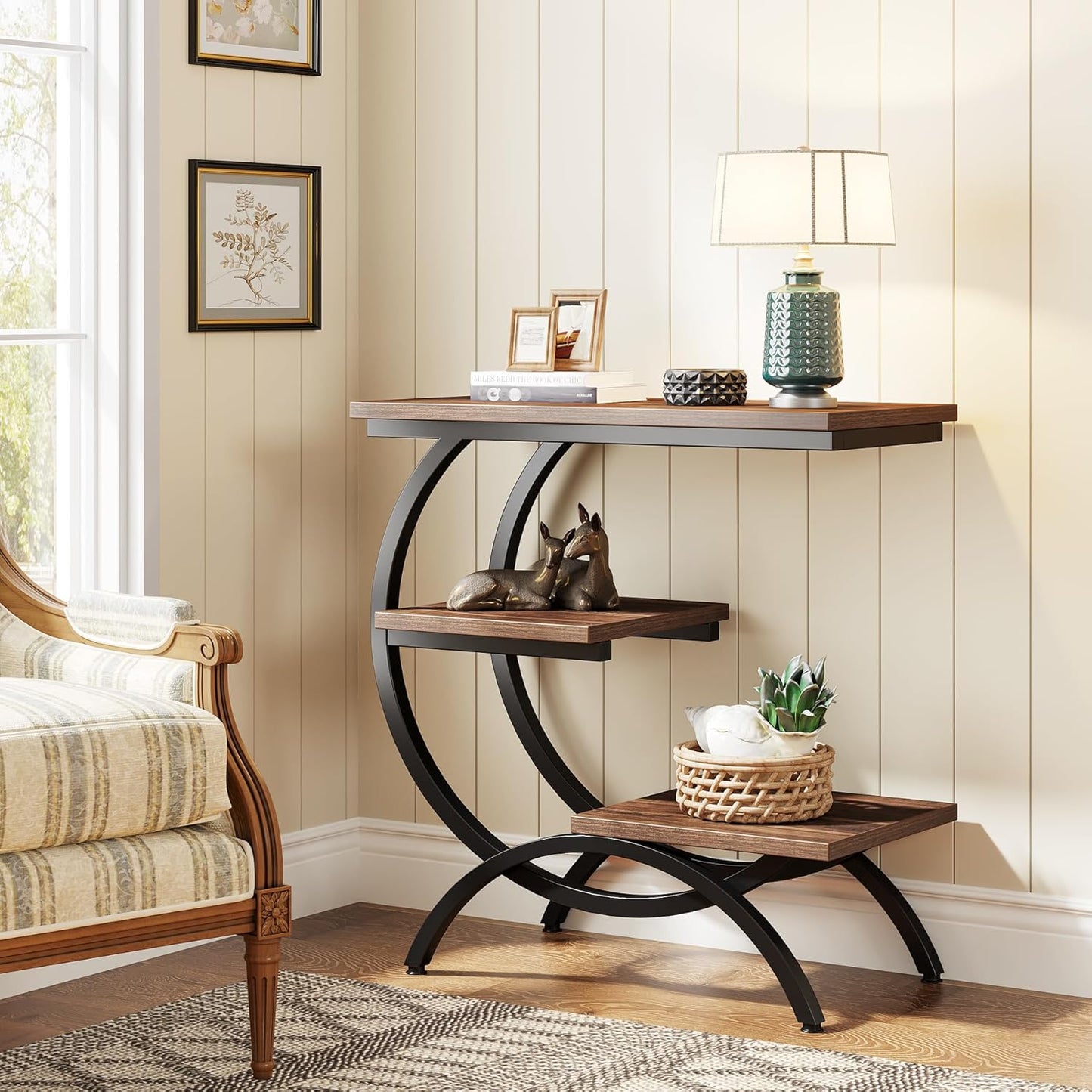 Tribesigns C-Shaped End Table Set of 2, Industrial 3-Tier Small Side Table for Couch, Wood Bedside Table Snack Side Table with Storage Shelves for Living Room Small Space, Rustic Brown