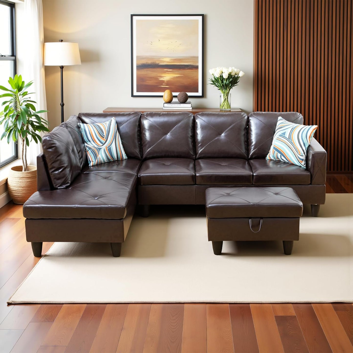 L Shaped Couch Faux Leather Sectional Couch Upholstered 3 Pieces Sofas for Living Room with Chaise, Storage Ottoman for Office and Small Apartment, Brown