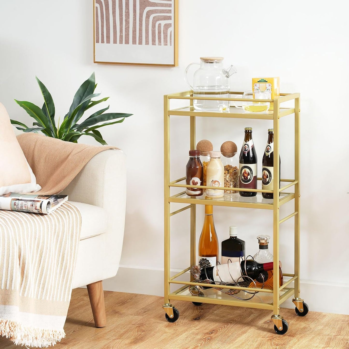 Bar Cart for The Home, 3-Tier Drink Cart on Wheels, Home Bar Serving Cart, Mini Bar Cart for Small Space, Kitchen, Dining Room, Gold RCJ40B01