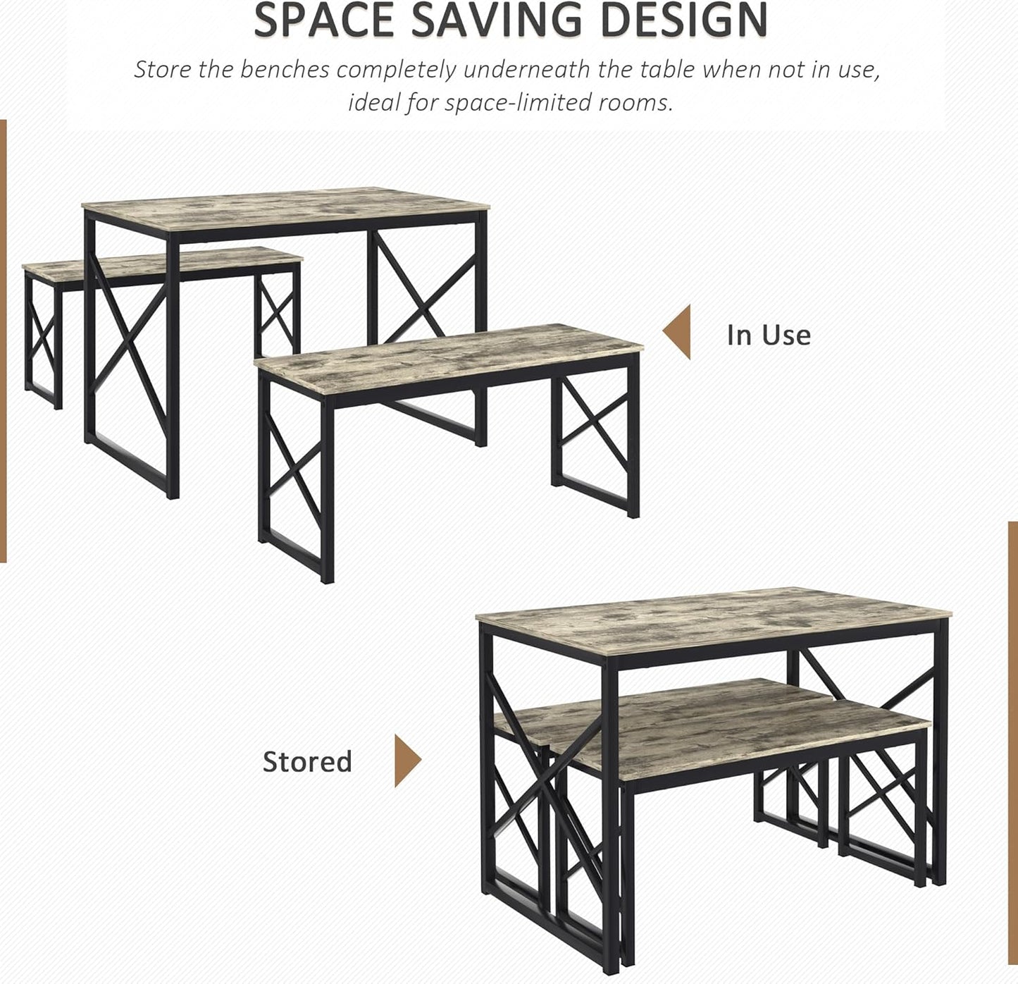 VECELO Kitchen Table with 2 Benches for 4, 43.3'' Wood Dining Room Dinette Sets with Metal Frame for Breakfast Nook and Small Space, Grey