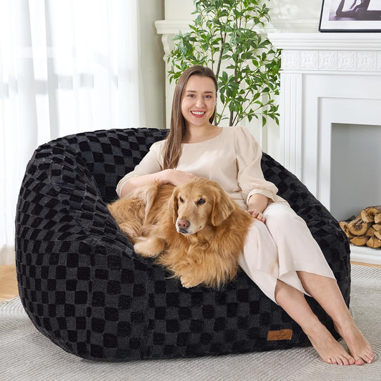 Bean Bag Chairs for Adults, Giant Beanbag Sofa Comfy Reading Chair, Oversized Bean Bag Chairs for Living Room Bedroom, Soft Faux Fur Fabric, 3.2FT, Black, Checkered