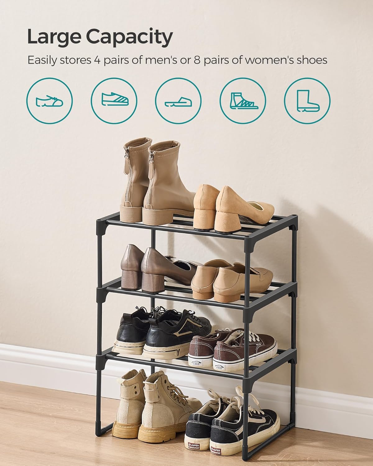 SONGMICS Shoe Rack, 3-Tier Shoe Organizer, Metal Storage Shelf, Upright or Upside Down, for 4-8 Pairs, Stackable, for Entryway, 11.8 x 16.7 x 21.5 Inches, Black ULSA003B01