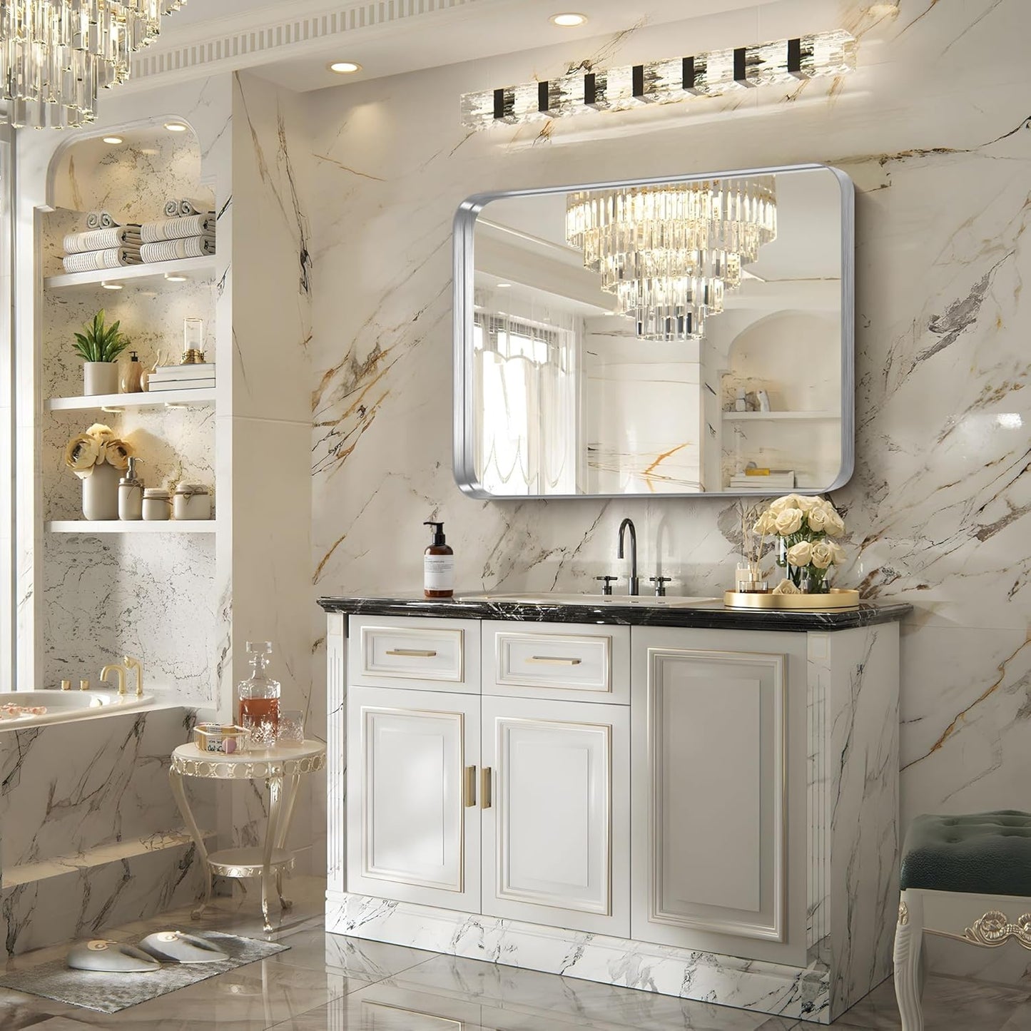 FORBATH 30x36 Inch Bathroom Mirror, Brushed Silver Deep Frame Wall Mirror with Rounded Corners, Anti-Rust Tempered Glass for Modern Farmhouse Vanity (Horizontal/Vertical Hanging)