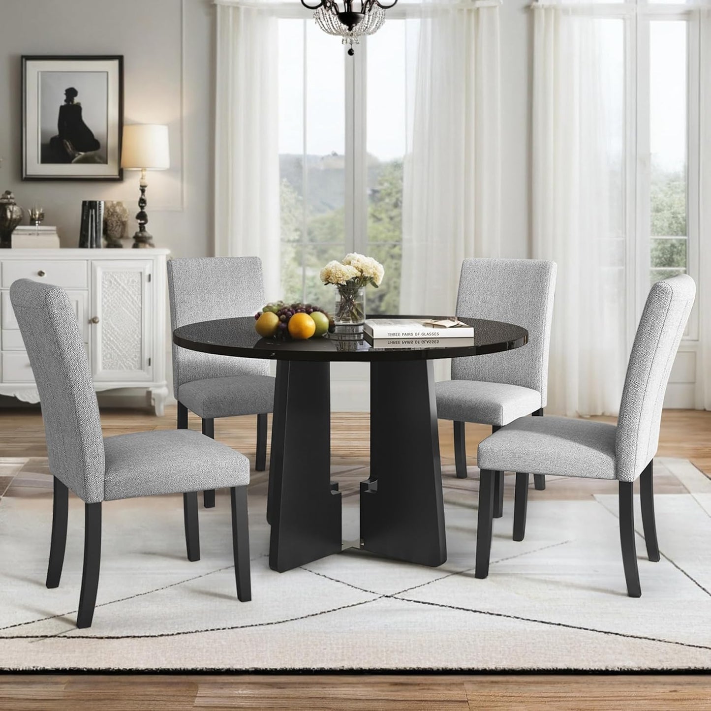 Ball & Cast Dining Table Set for 4,5-Piece Kitchen Table Set W/ 43" Round Faux Marble Bar Table,Living Room Furniture W/ 4 Linen Upholstered Chairs,for Dining Room,Kitchen,Restaurant,Grey+Black