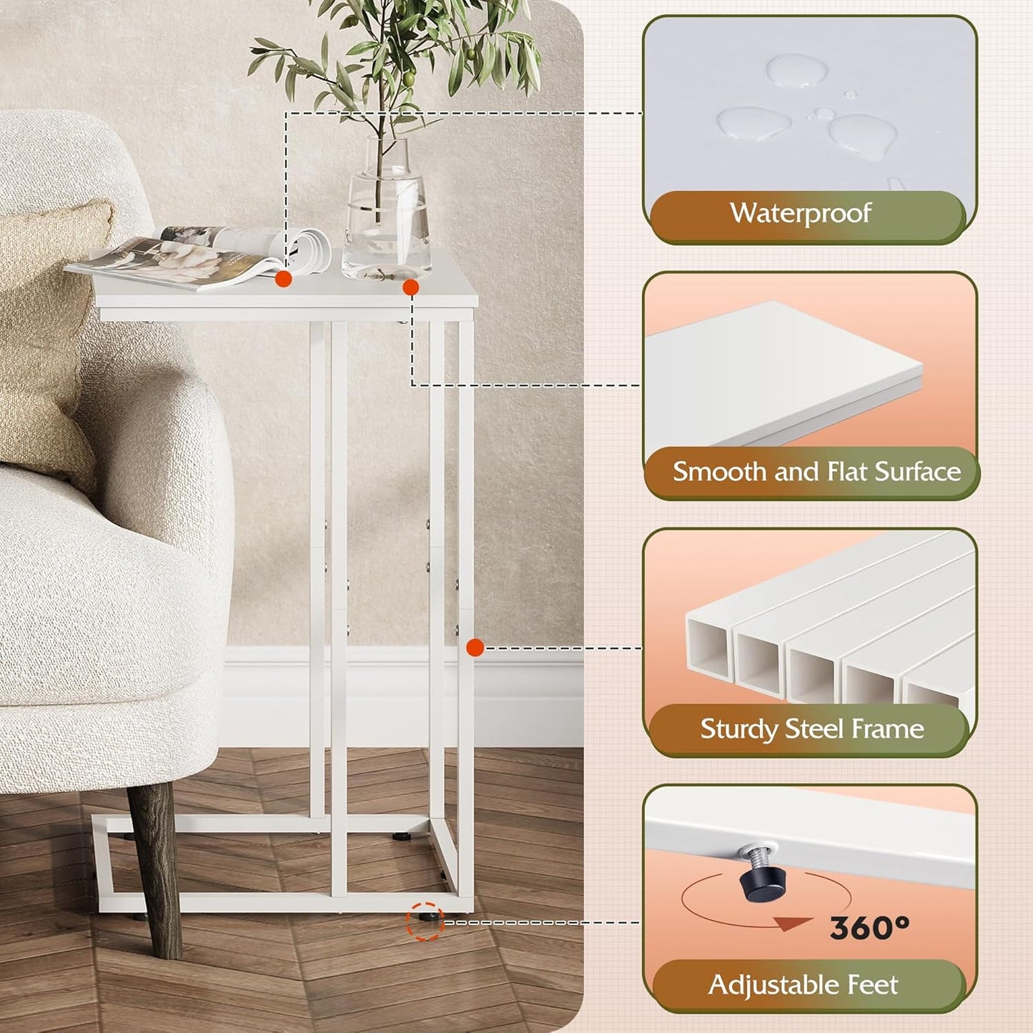 WLIVE Side Table, C Shaped End Table for Couch, Sofa and Bed, Large Desktop C Table for Living Room, Bedroom, Creamy White