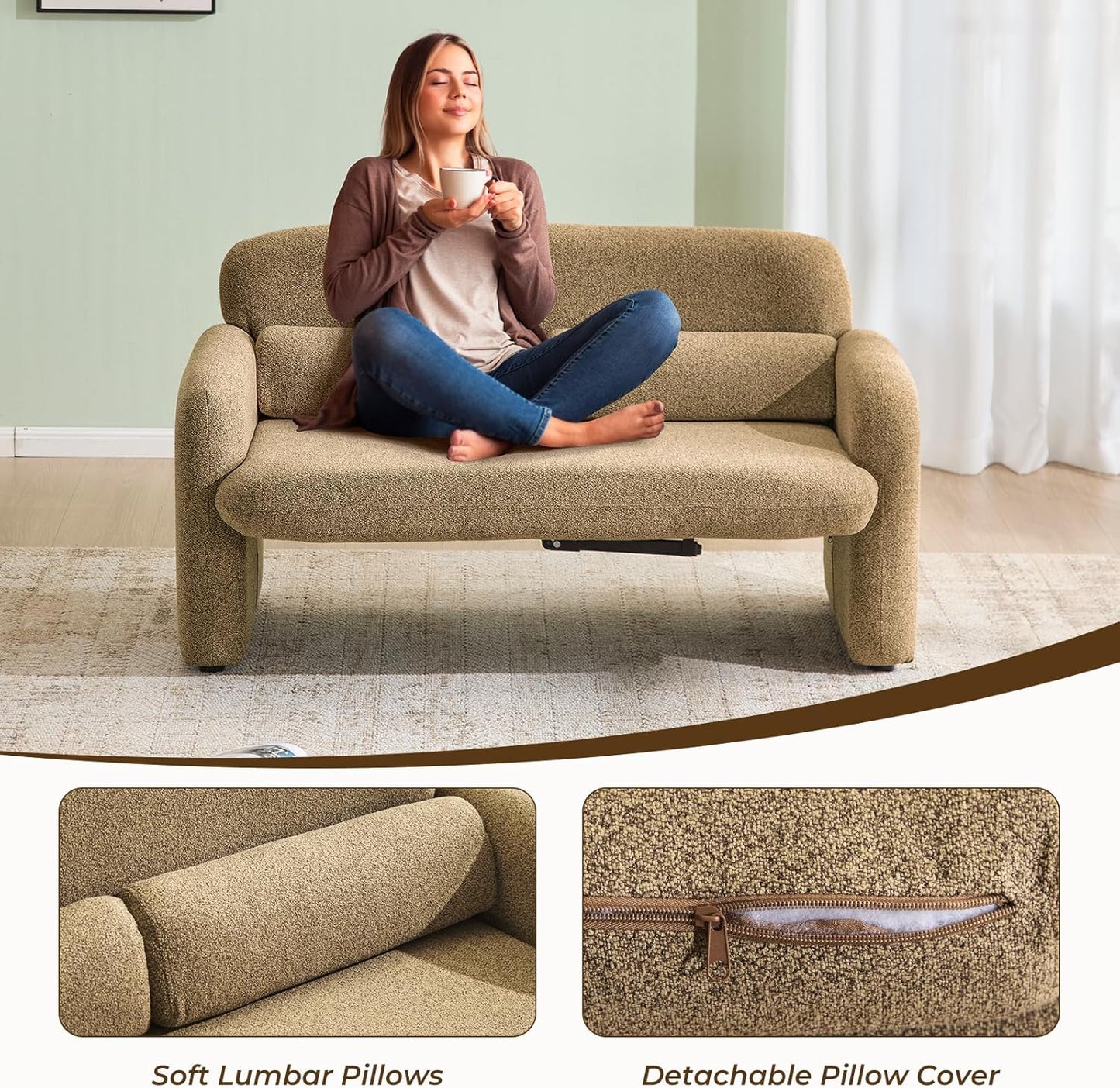 Furnimart Modern Loveseat Sofa, 54" 2-Seater Boucle Sofa, Comfy Upholstered Minimalist Couch, Small Couches for Small Spaces, Apartment, Office, Living Room, Bedroom, Dorm, Chenille Brown