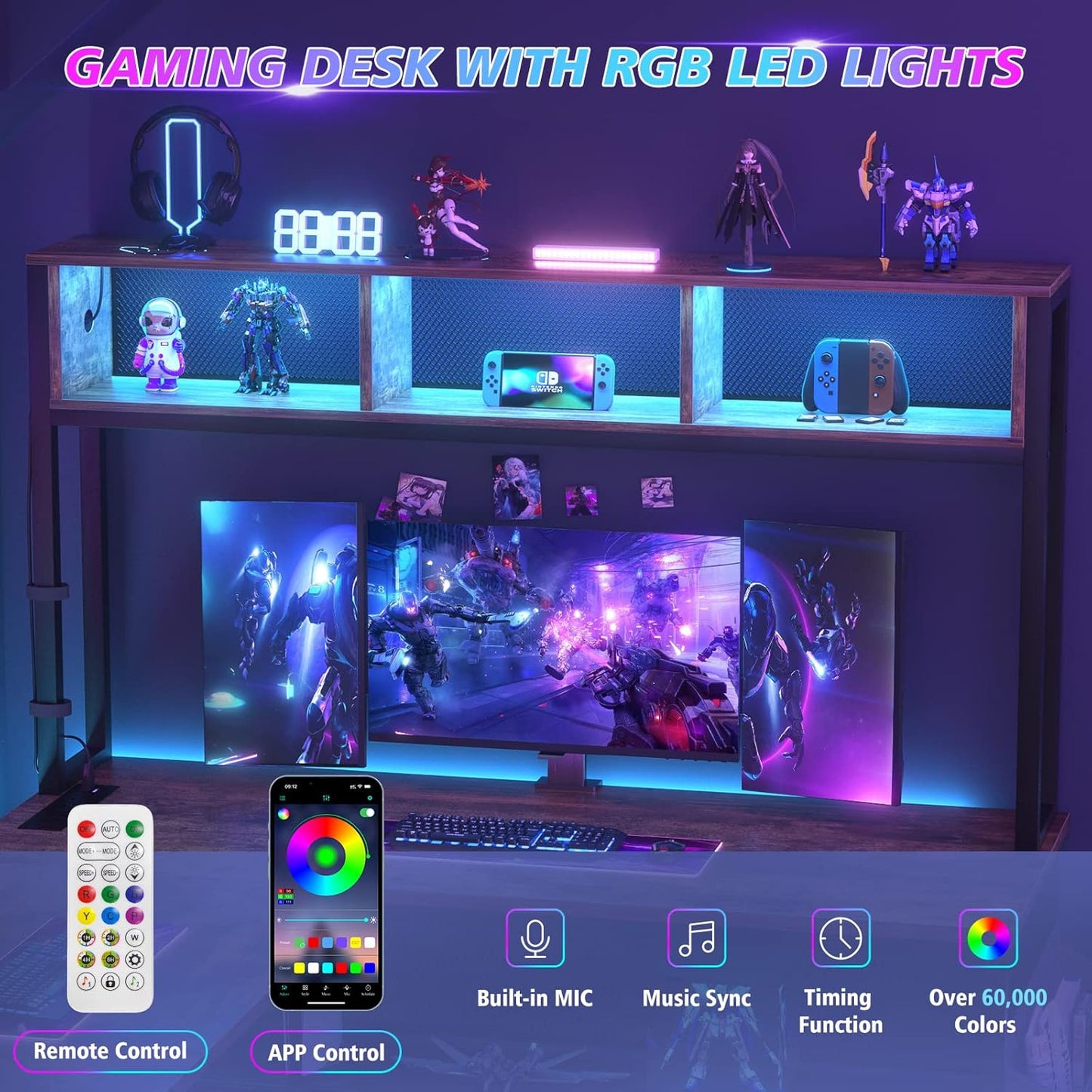 Unikito L Shaped Computer Desk with LED Strip and Power Outlets, Reversible L-Shaped Corner Desk with Storage Shelves and Bag, Rustic Brown