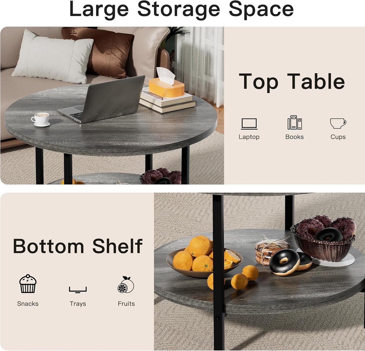 Coffee Table, 2 Tier Coffee Tables for Living Room, Round Coffee Table with Storage, Floor Table for Bedroom, Home Office, Dark Gray (27.6" D x 17.7" H)