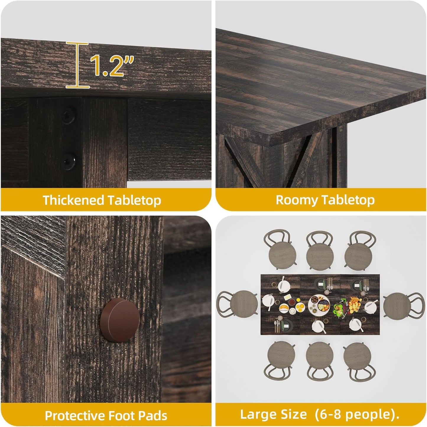 DWVO Farmhouse Large Dining Table for 6-8 People, 70.8 Inch Rectangular Wood Dining Table, Rustic Kitchen Dinner Table with X Solid Legs for Dining Room Grey