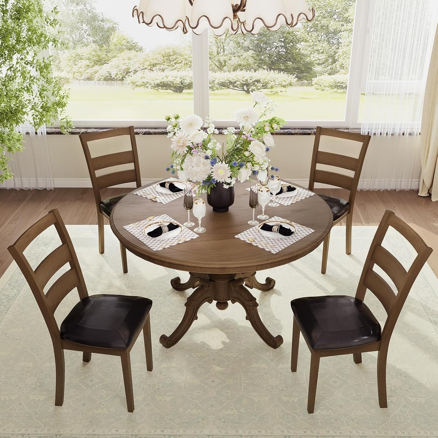 COLAMY Farmhouse Dining Chairs Set of 4, Upholstered Kitchen Chairs with Ladder Back, Modern Wood Side Dining Room Chairs with Wooden Legs for Rustic Restaurant, Dark Brown