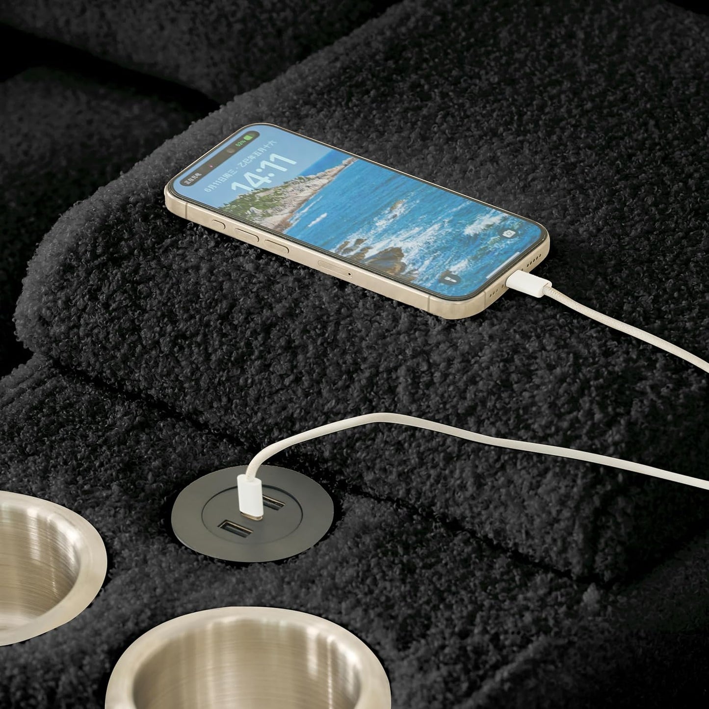 92-Inch Teddy Boucle Tufted Sofa Couch with Storage Console and Chaise Lounge, L-Shaped Left Facing Corner Sectional Sofa Couch with Cupholders, USB Ports and Golden Accent for Living Room Office