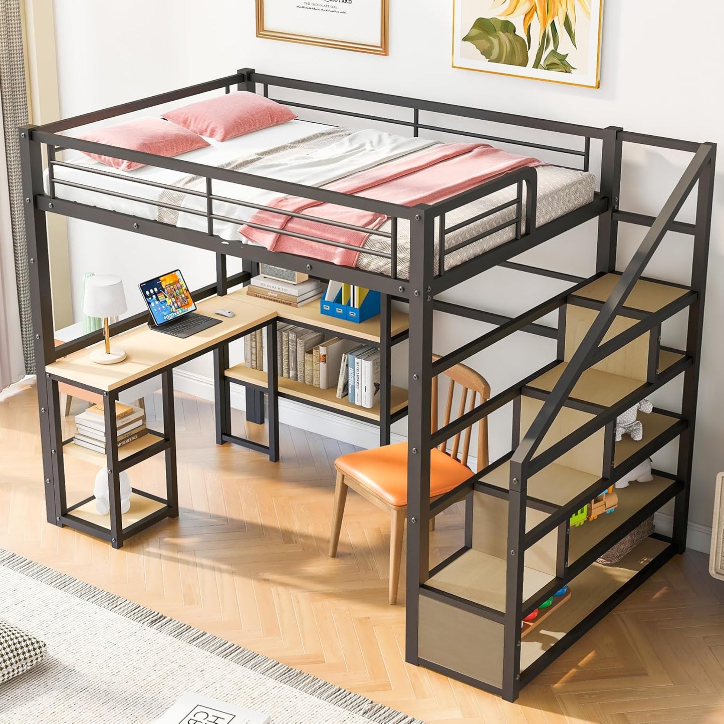 Full Size Metal Loft Bed with Staircase,Full-Length Guardrails,a Built-in Desk and a 3-Tier Shelf,No Box Spring Needed,Noise Free,for Juniors&Adults,Black