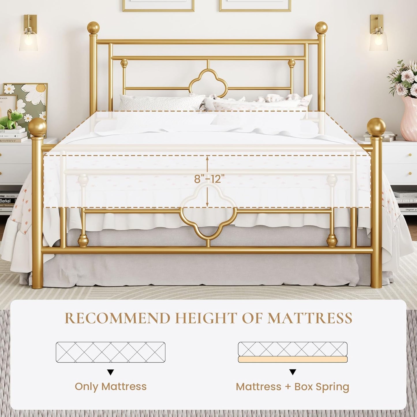 SHA CERLIN 14 Inches Full Size Metal Platform Bed Frame/Vintage Iron-Art Headboard and Footboard/Mattress Foundation for Storage/No Box Spring Needed/Noise-Free/Easy Assembly/Gold