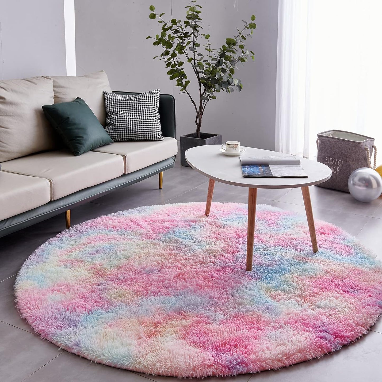 FJZFING Rainbow Round Rug Ultra-Soft Plush Modern 4x4 Circle Area Rug for Kid's Bedroom, Fluffy Shag Circular Rug for Nursery Room, Non-Slip Home Decor Colorful Carpet for Teen's Room