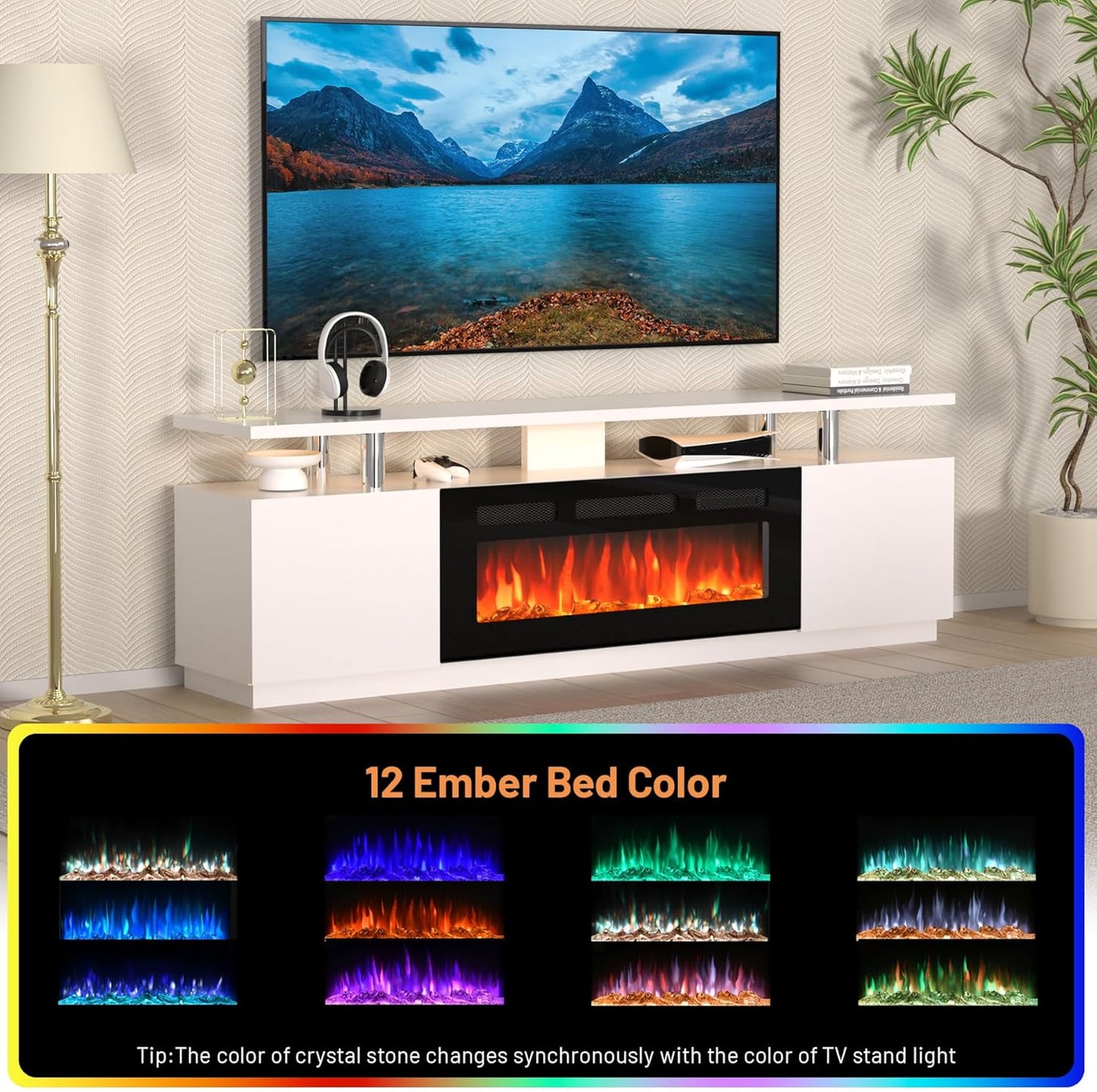70'' Fireplace TV Stand, Entertainment Center with 36'' Firplace, 2 Tier TV Console Cabinet with Storage Cabinet, Electric Fireplace Heater with LED Light and 12 Flame Colors, White