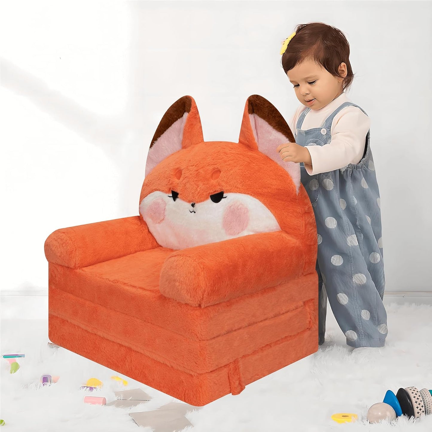 MONKISS Kids Couch, Comfy Toddler Chair, 2 in 1 Fold Out Kids Sofa to Lounger, Baby Sleeper Chair, Toddler Furniture, Birthday Gifts for Boys and Girls, 1~4 Years Old, Cute Fox
