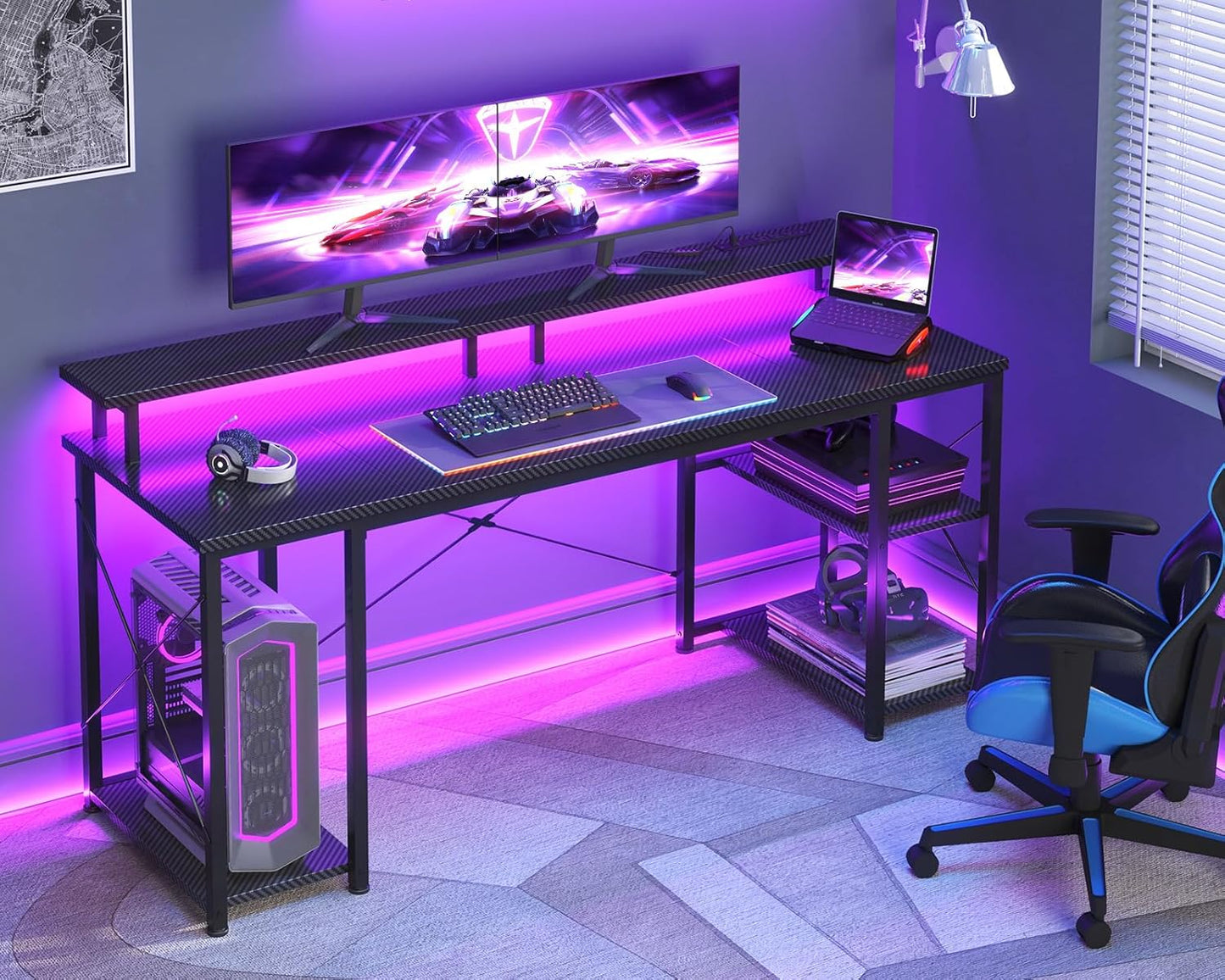 ODK 63 Inches Gaming Desk with LED Lights, Computer Desk with Monitor Stand, Pc Table with CPU Stand, Carbon Fiber Black